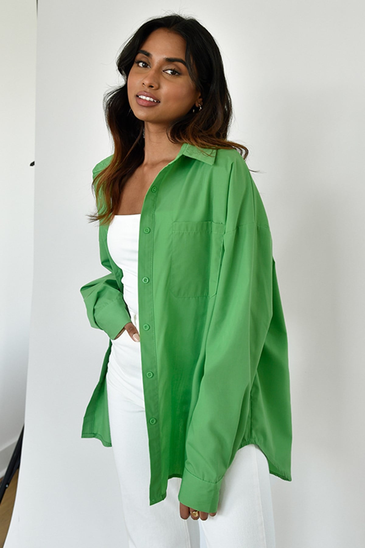 Yeşil Oversize Basic Cepli Gömlek MG1528