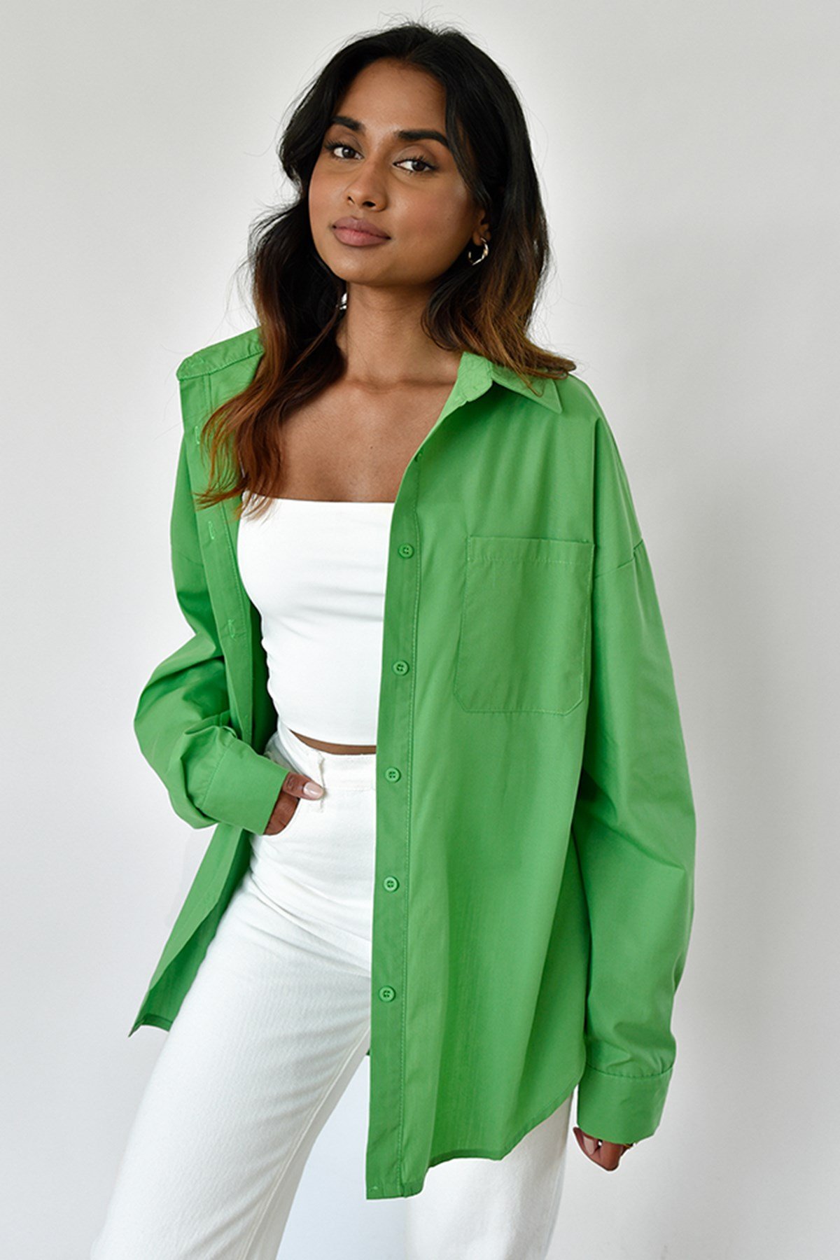 Yeşil Oversize Basic Cepli Gömlek MG1528