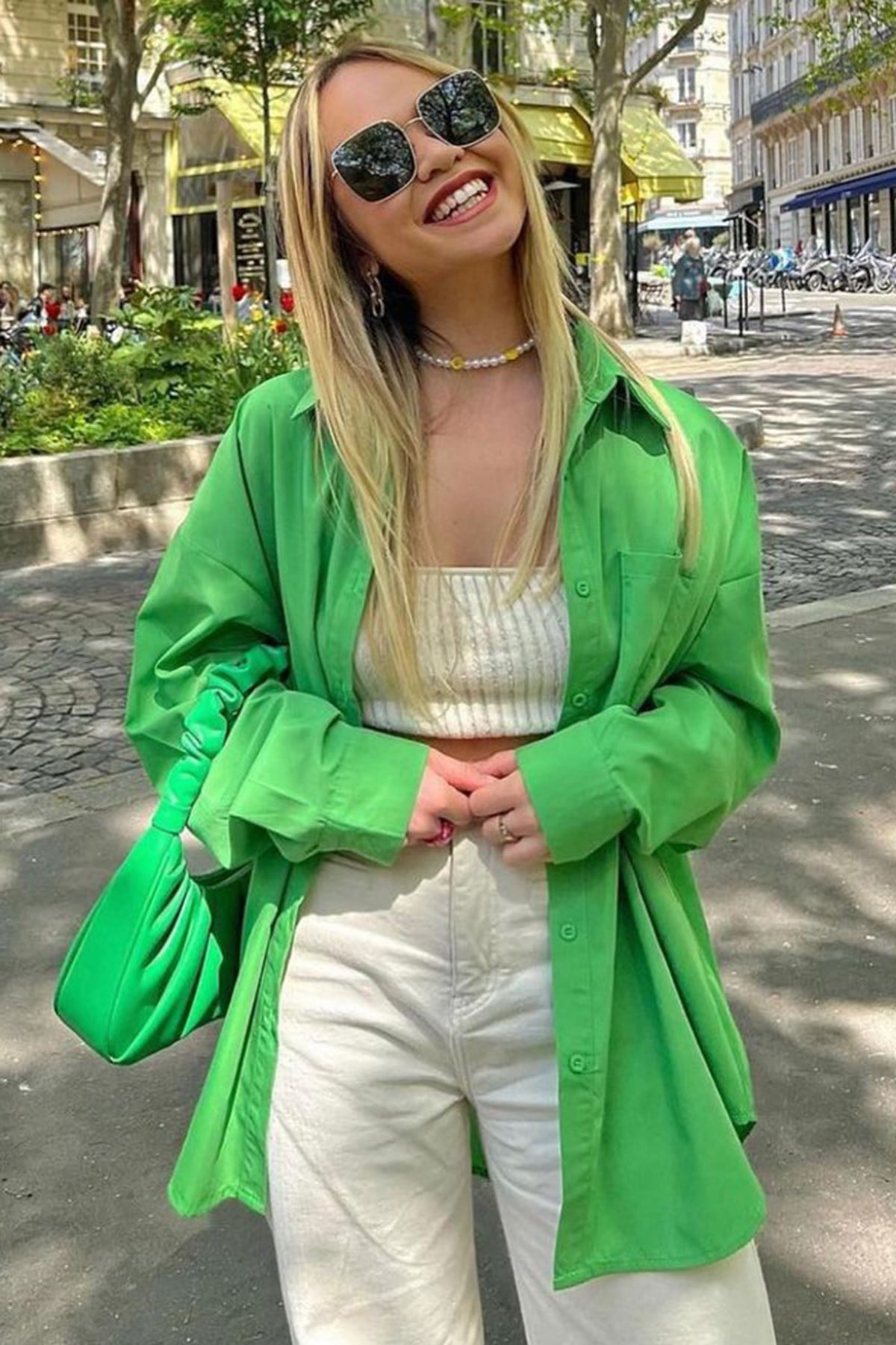 Yeşil Oversize Basic Cepli Poplin Gömlek MG1530