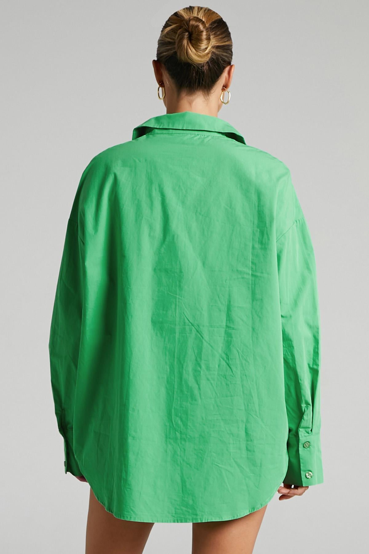 Yeşil Oversize Basic Kadın Gömlek MG1794