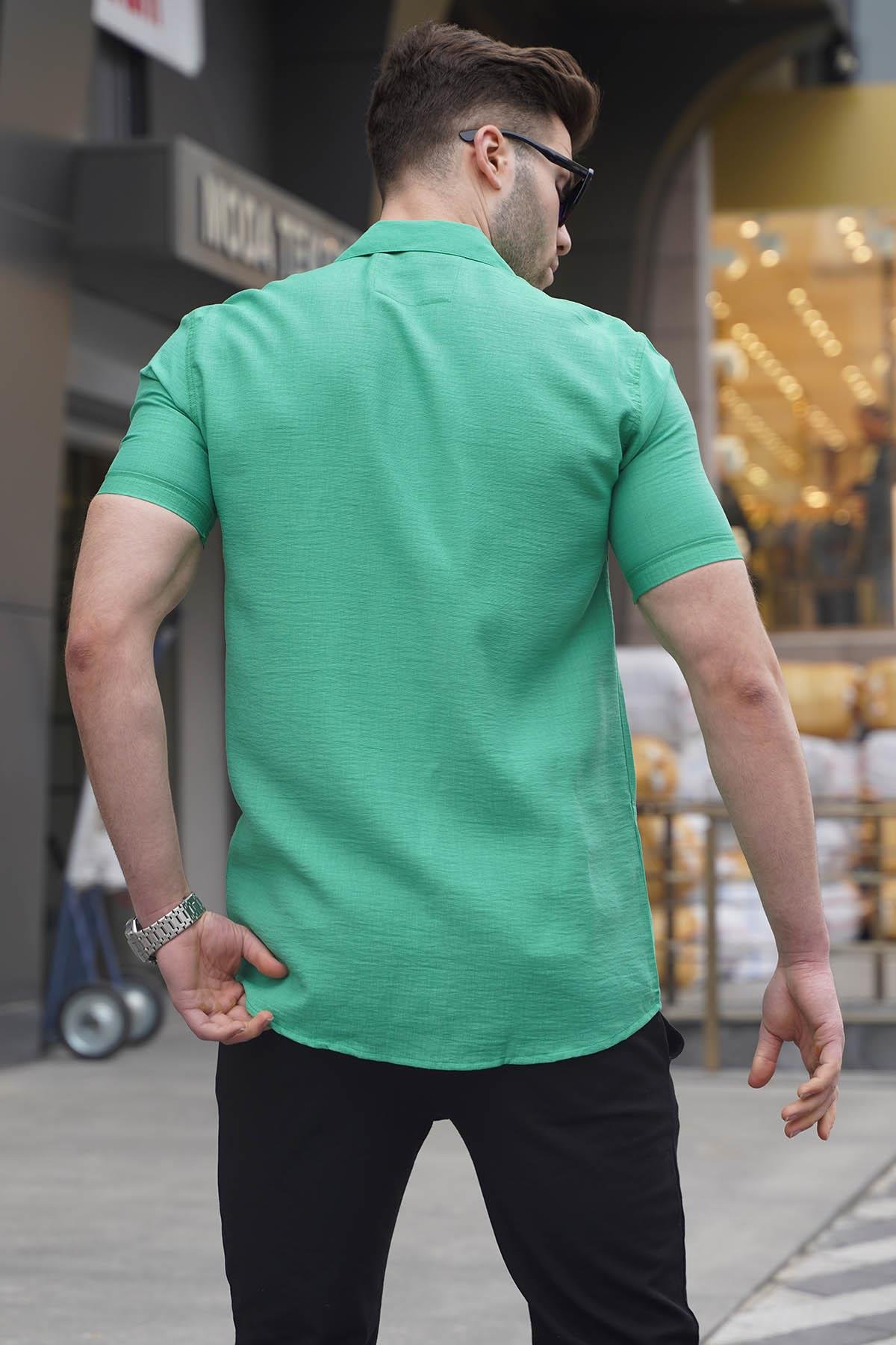 Yeşil Regular Fit Küba Yaka Erkek Gömlek 6372