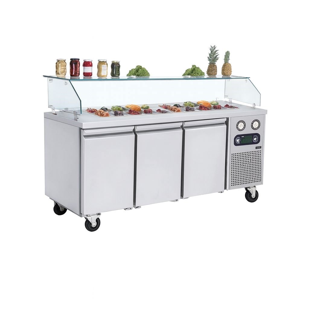 Frenox 186,5x70x130 cm. 8 Adet GN-1/6x100 Küvet Kapasiteli,Camlı Soğuk Servis Üniteli Yatay Tip Buzdolabı KCN3-R290