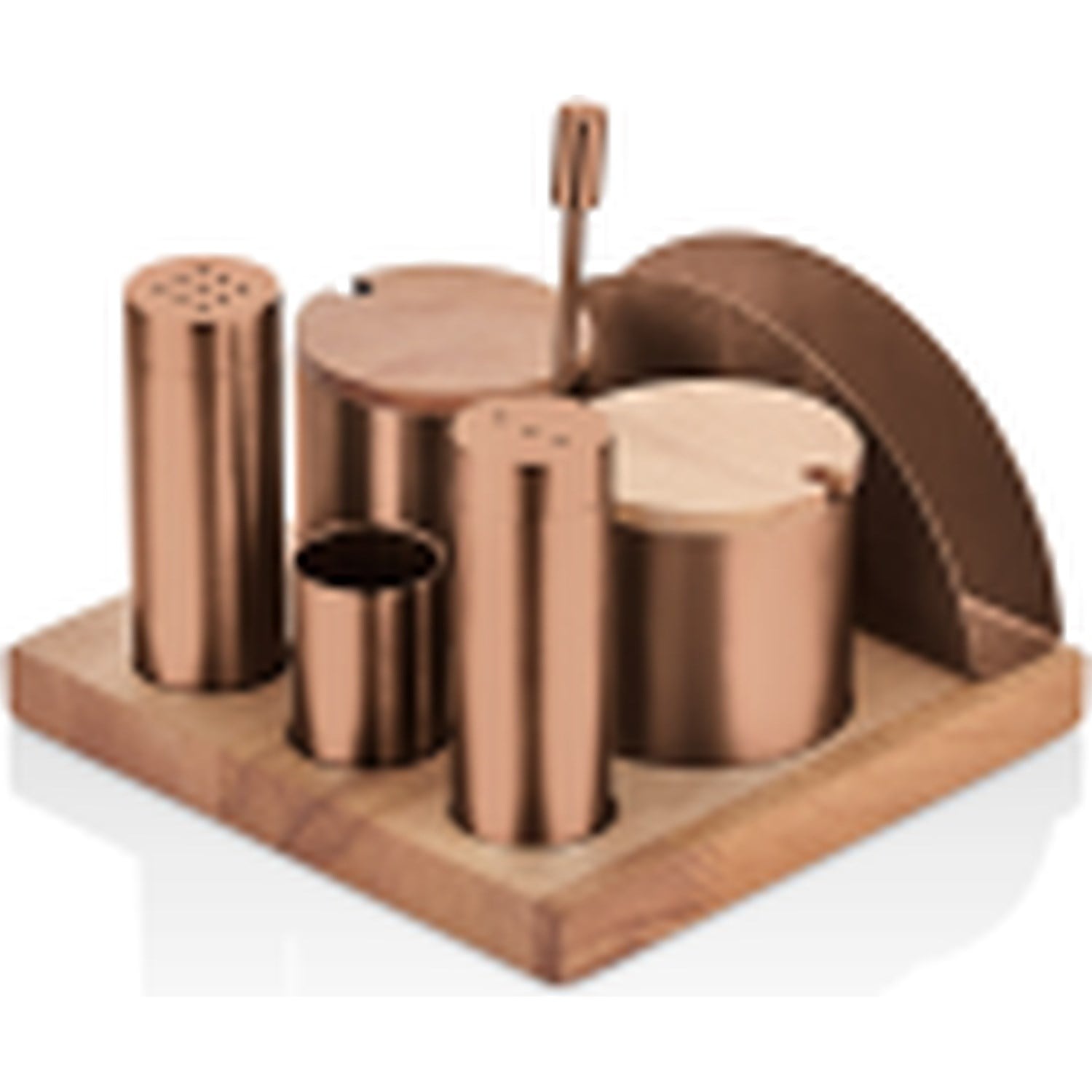 Kitchen Mall 3'LÜ Boru Tuzluk TK -2*BAHARATLIK-PEÇETELİK Ahşap Standlı (PVD Bakır) KM502