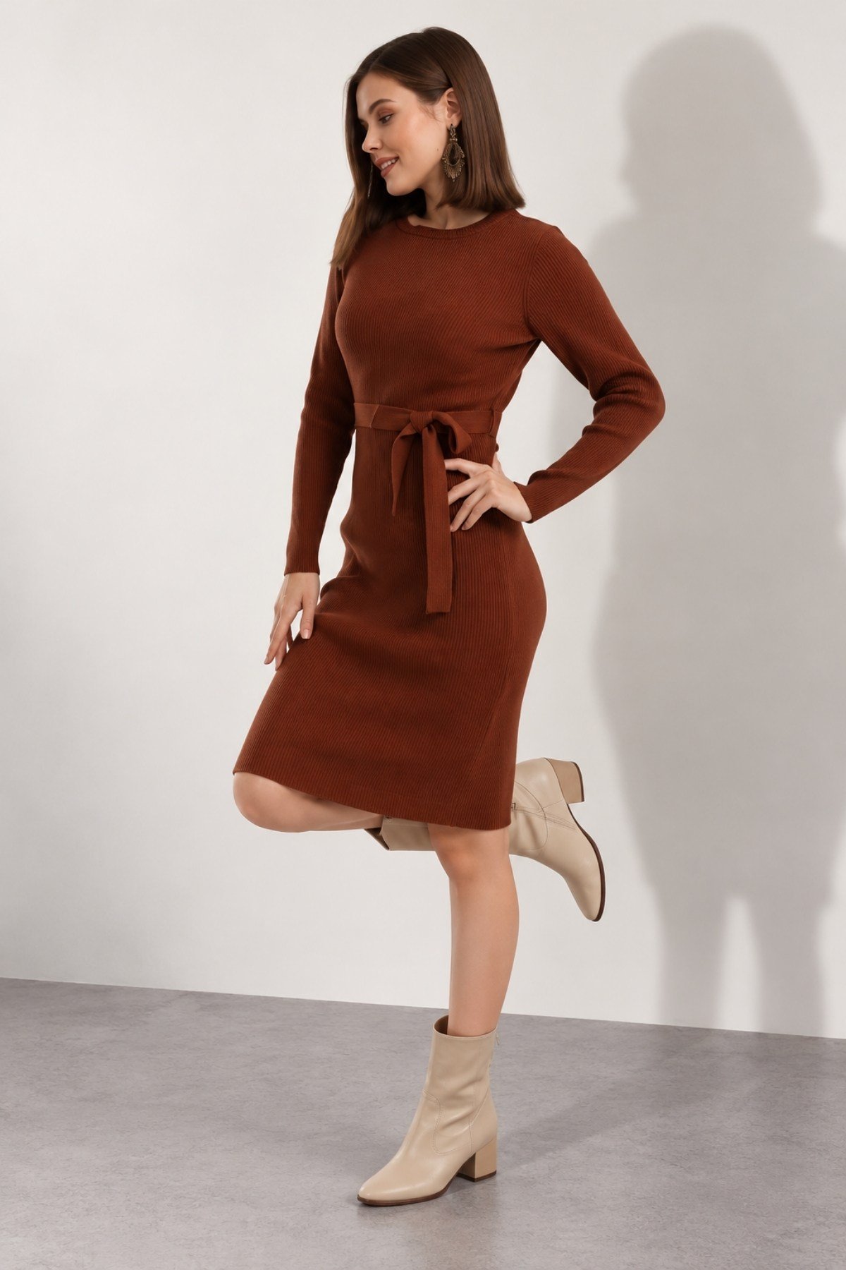 Bisiklet Yaka Fitilli Triko Elbise 4080 Taba