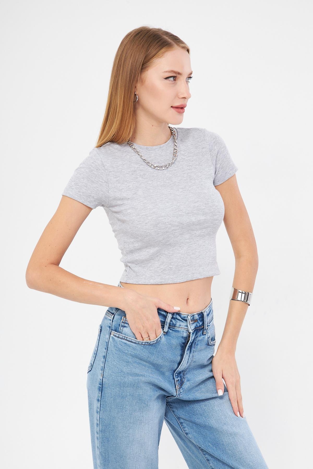 Bisiklet Yaka Kısa Kol Badi Crop Coton Body 4020