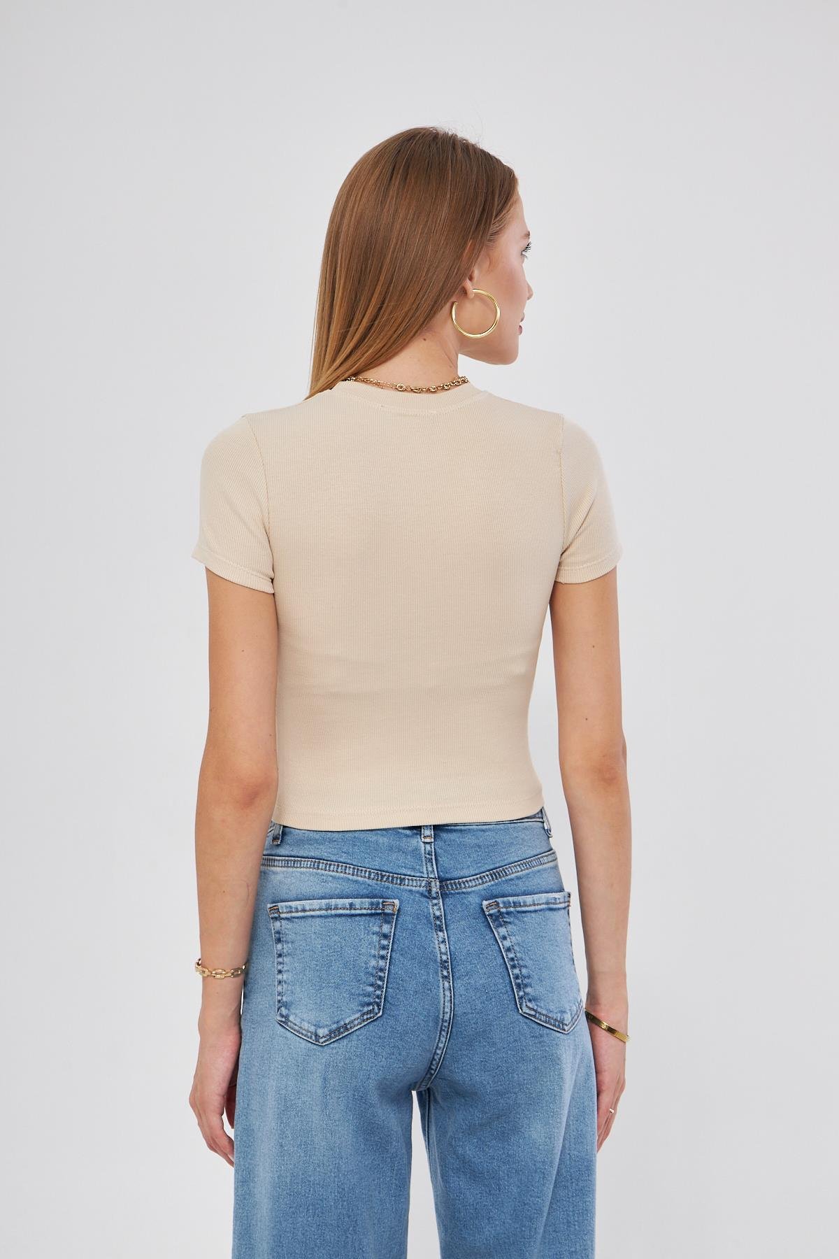 Bisiklet Yaka Kısa Kol Badi Crop Coton Body 4020