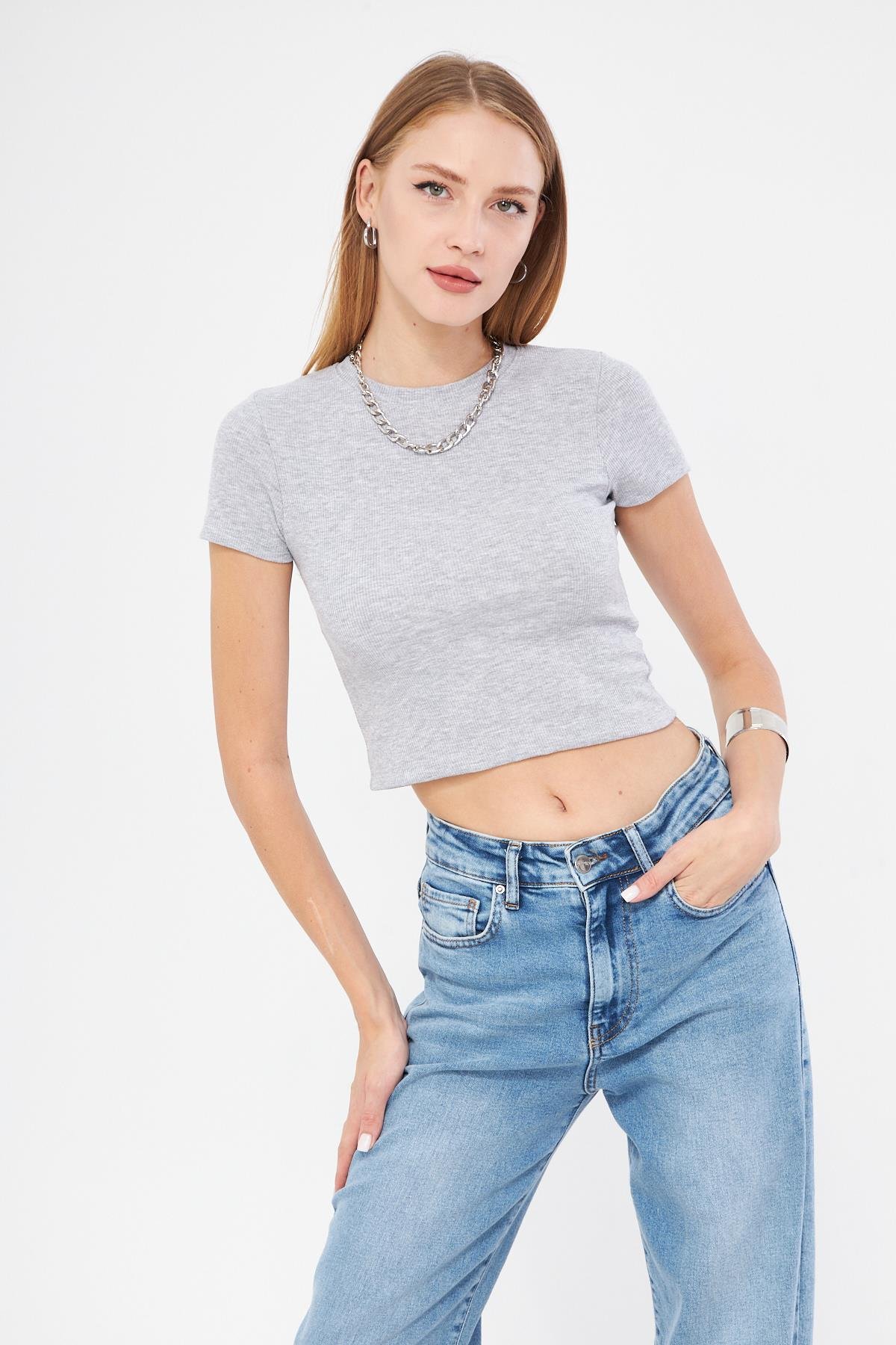 Bisiklet Yaka Kısa Kol Badi Crop Coton Body 4020