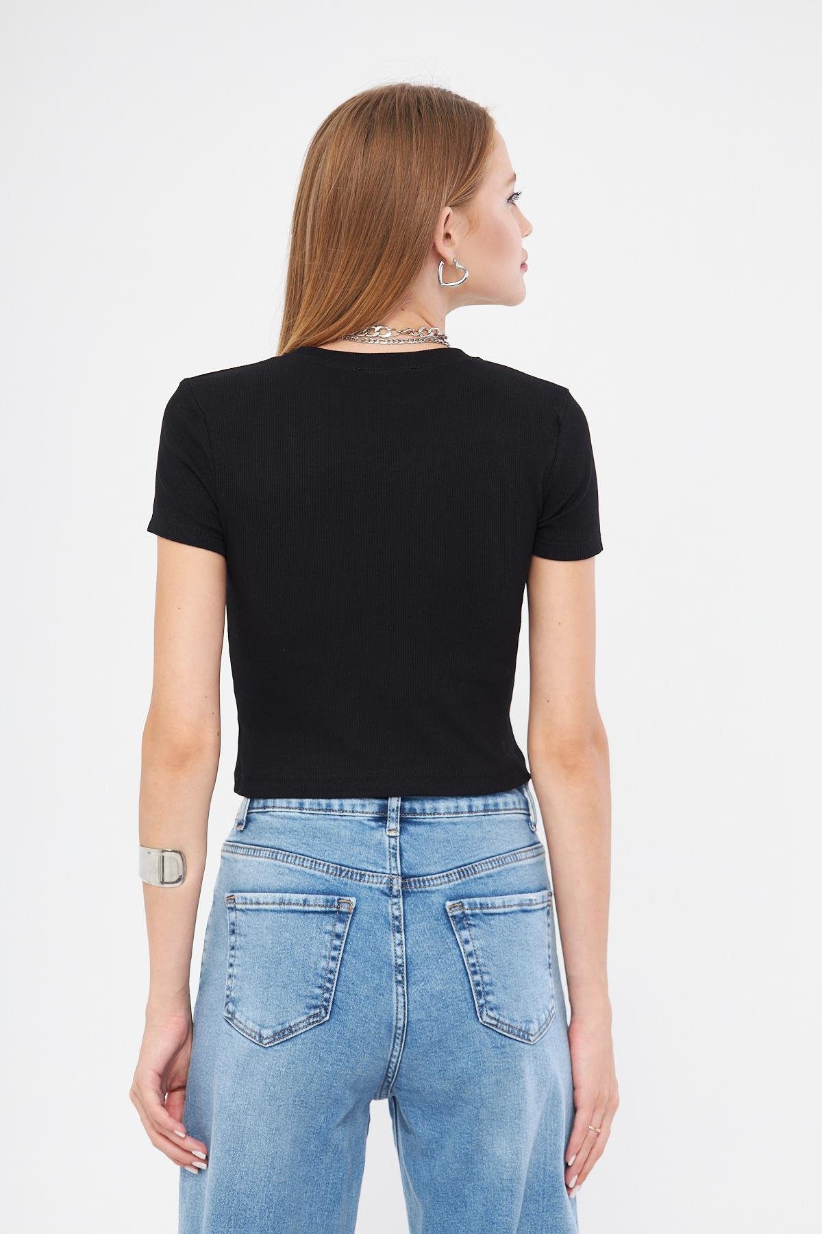 Bisiklet Yaka Kısa Kol Badi Crop Coton Body 4020
