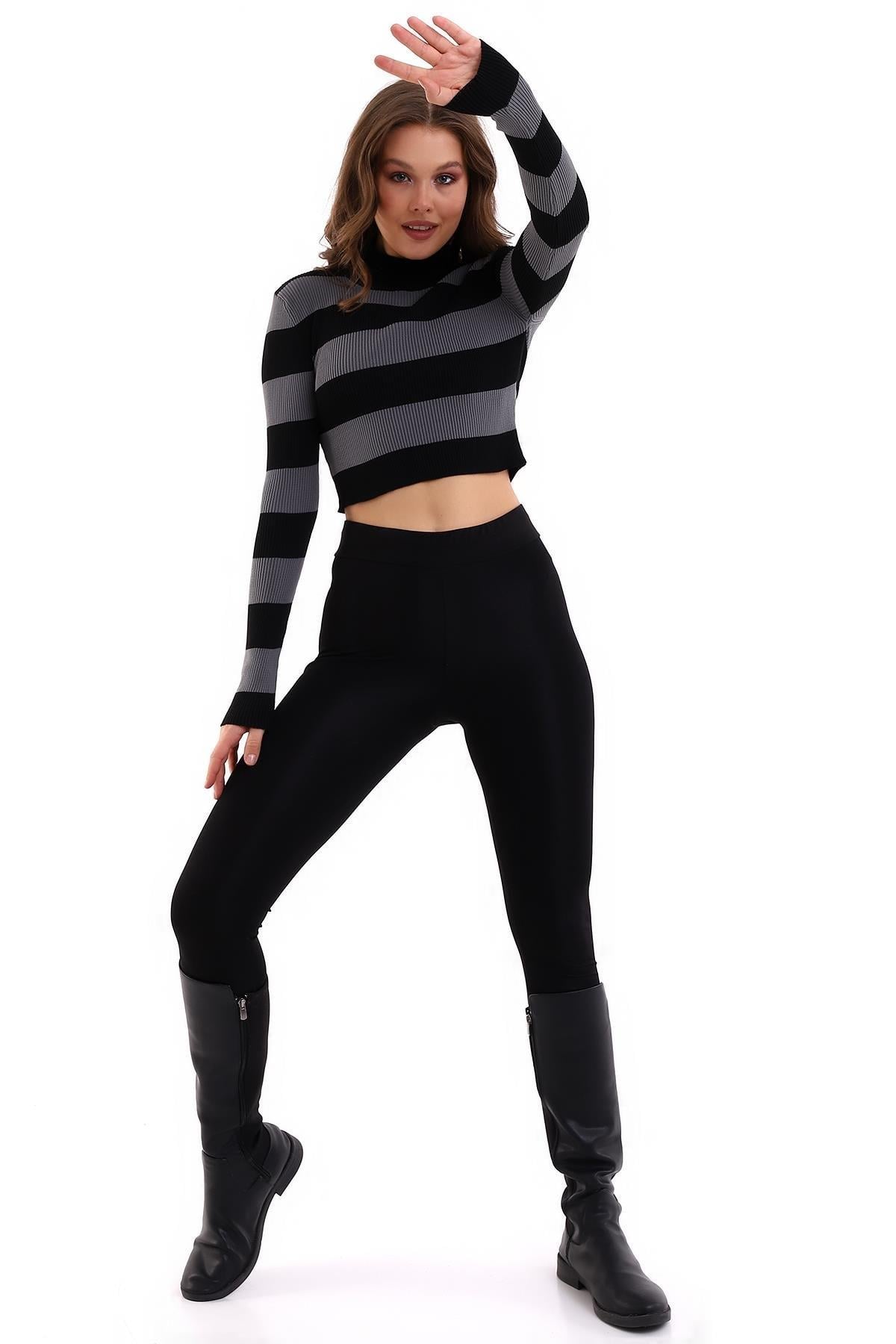 Çizgili Triko Crop Kazak Triko Bluz 1101