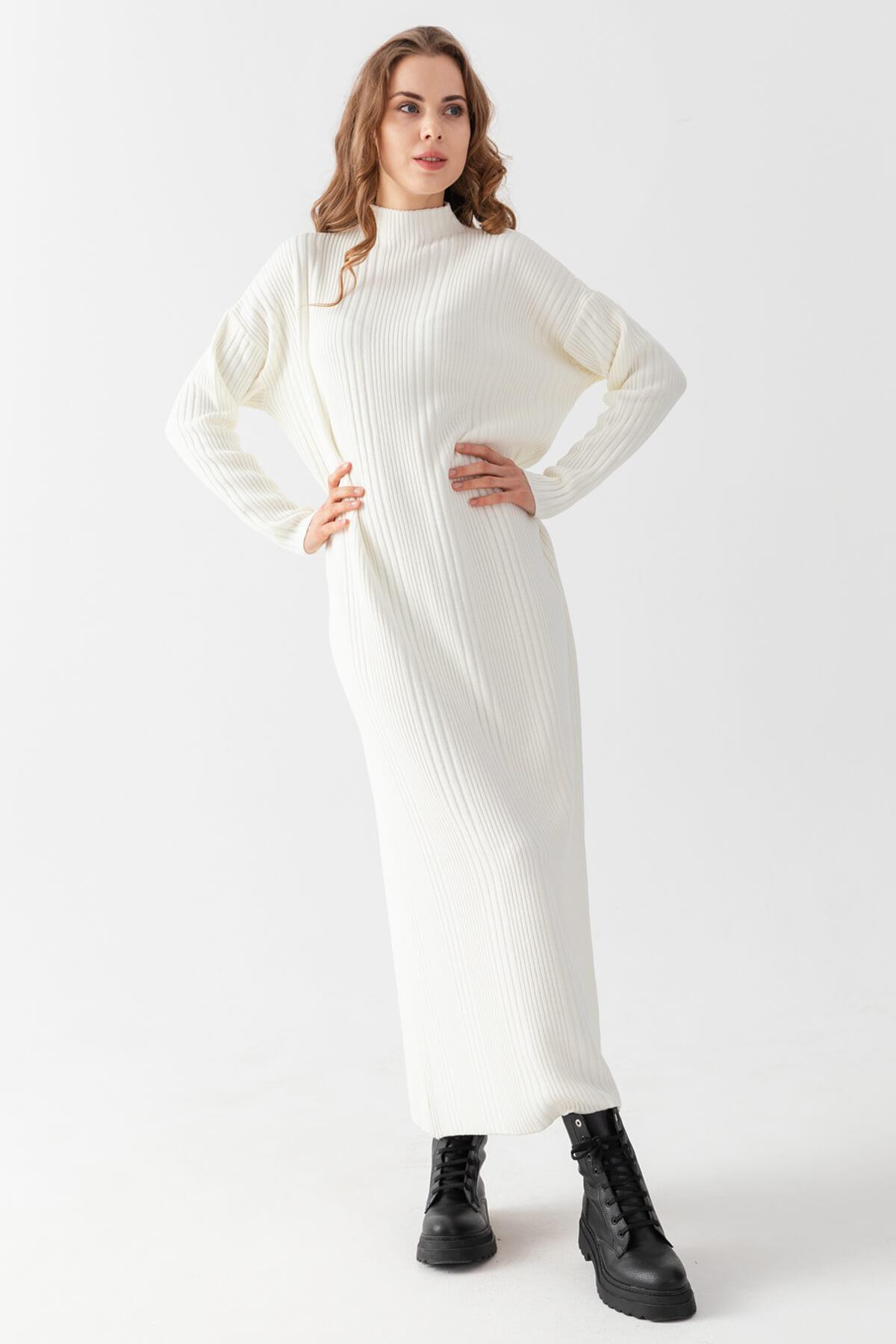 Irmak Kerekli Kadın Fitilli Oversize Elbise, Kadın Elbise,Triko Elbise, Oversize Elbise, Uzun Elbise, Ekru