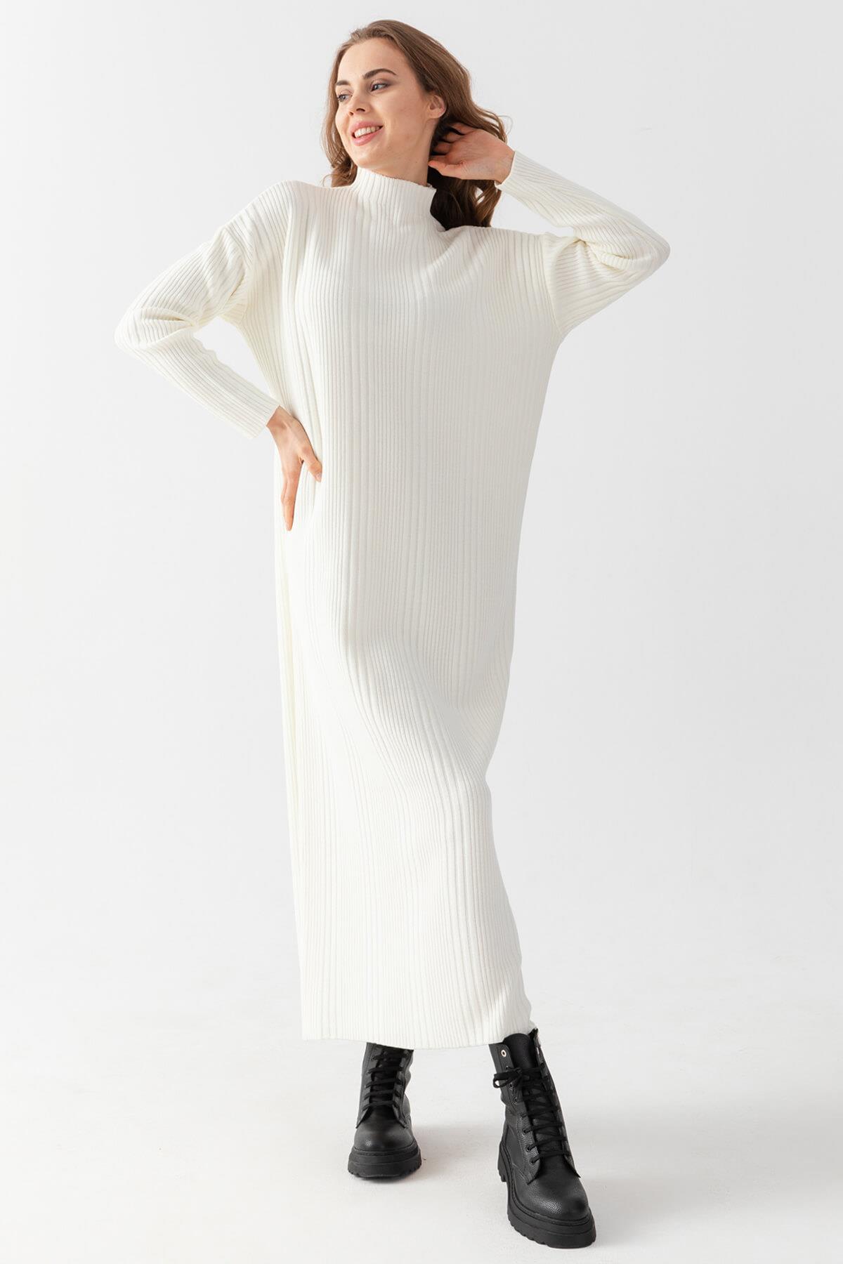 Irmak Kerekli Kadın Fitilli Oversize Elbise, Kadın Elbise,Triko Elbise, Oversize Elbise, Uzun Elbise, Ekru