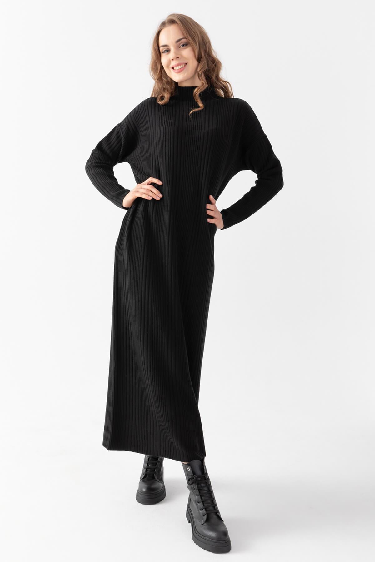 Irmak Kerekli Kadın Fitilli Oversize Elbise, Kadın Elbise,Triko Elbise, Oversize Triko Elbise, Uzun Elbise, Siyah
