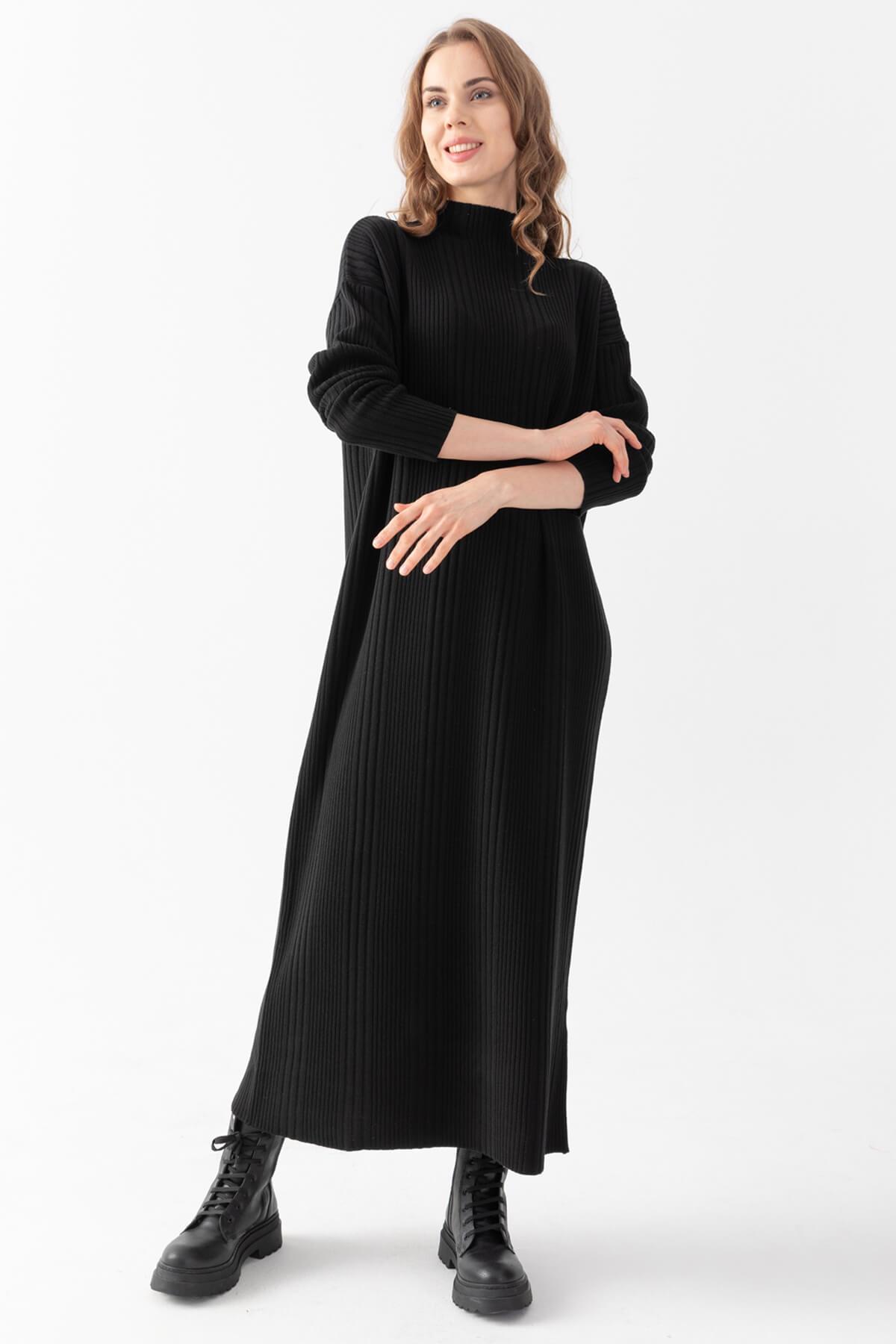 Irmak Kerekli Kadın Fitilli Oversize Elbise, Kadın Elbise,Triko Elbise, Oversize Triko Elbise, Uzun Elbise, Siyah