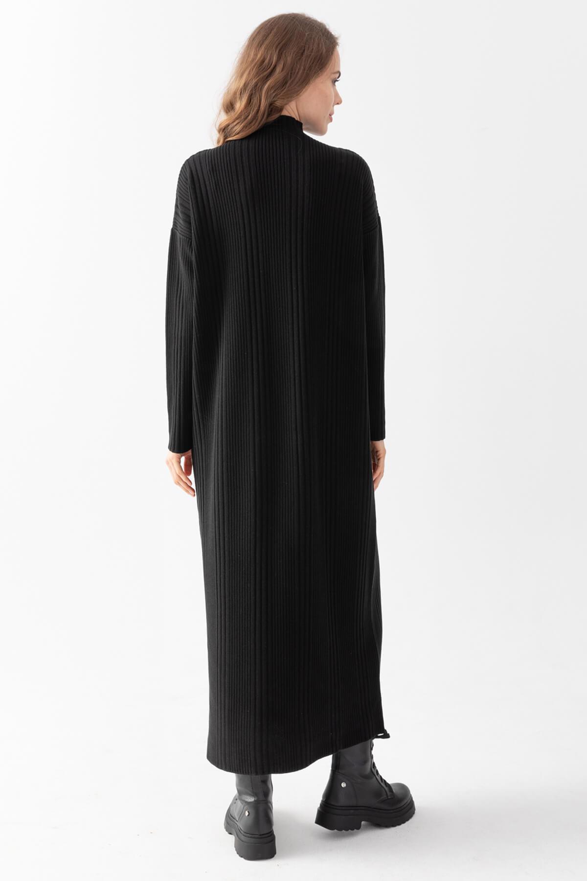 Irmak Kerekli Kadın Fitilli Oversize Elbise, Kadın Elbise,Triko Elbise, Oversize Triko Elbise, Uzun Elbise, Siyah