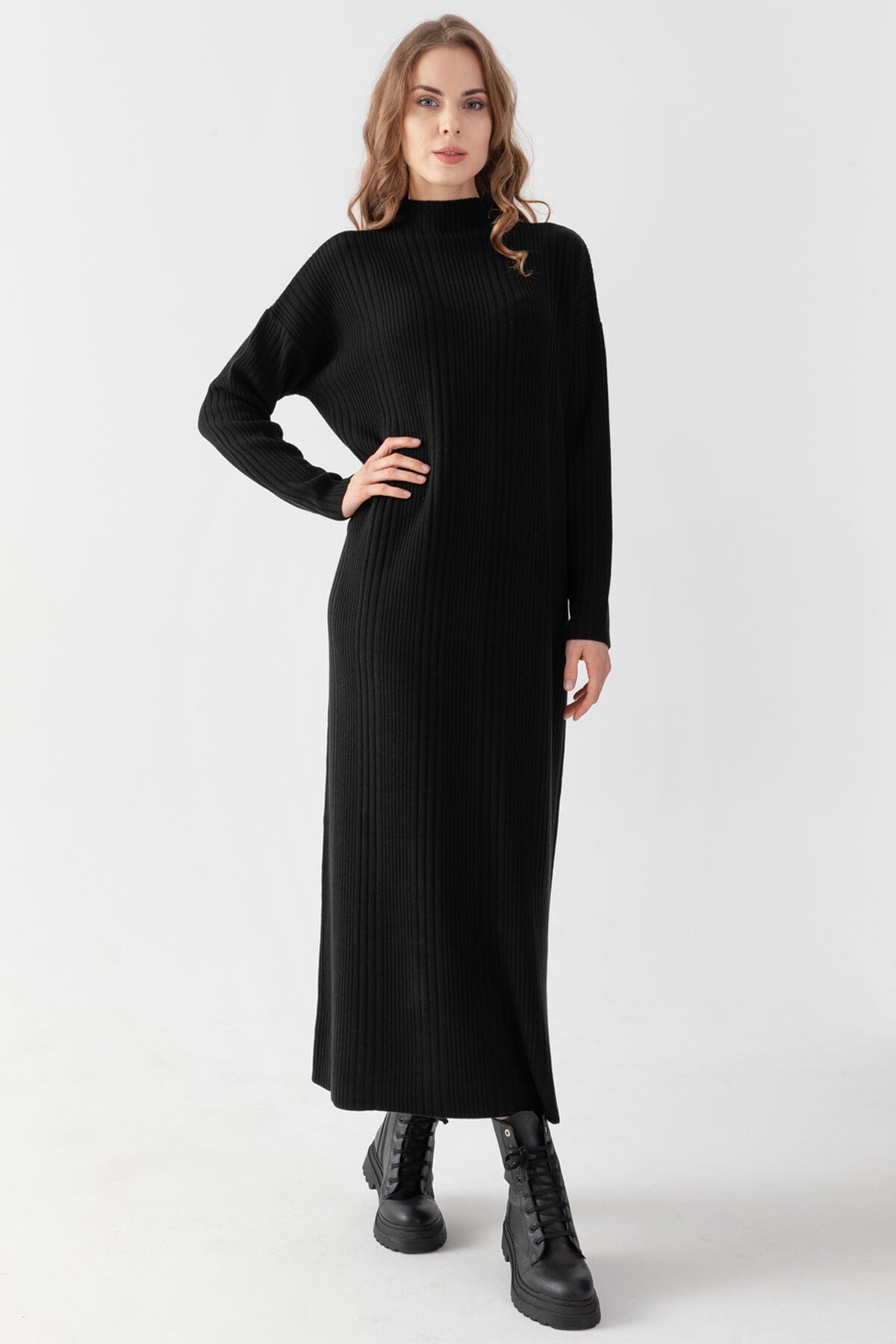 Irmak Kerekli Kadın Fitilli Oversize Elbise, Kadın Elbise,Triko Elbise, Oversize Triko Elbise, Uzun Elbise, Siyah
