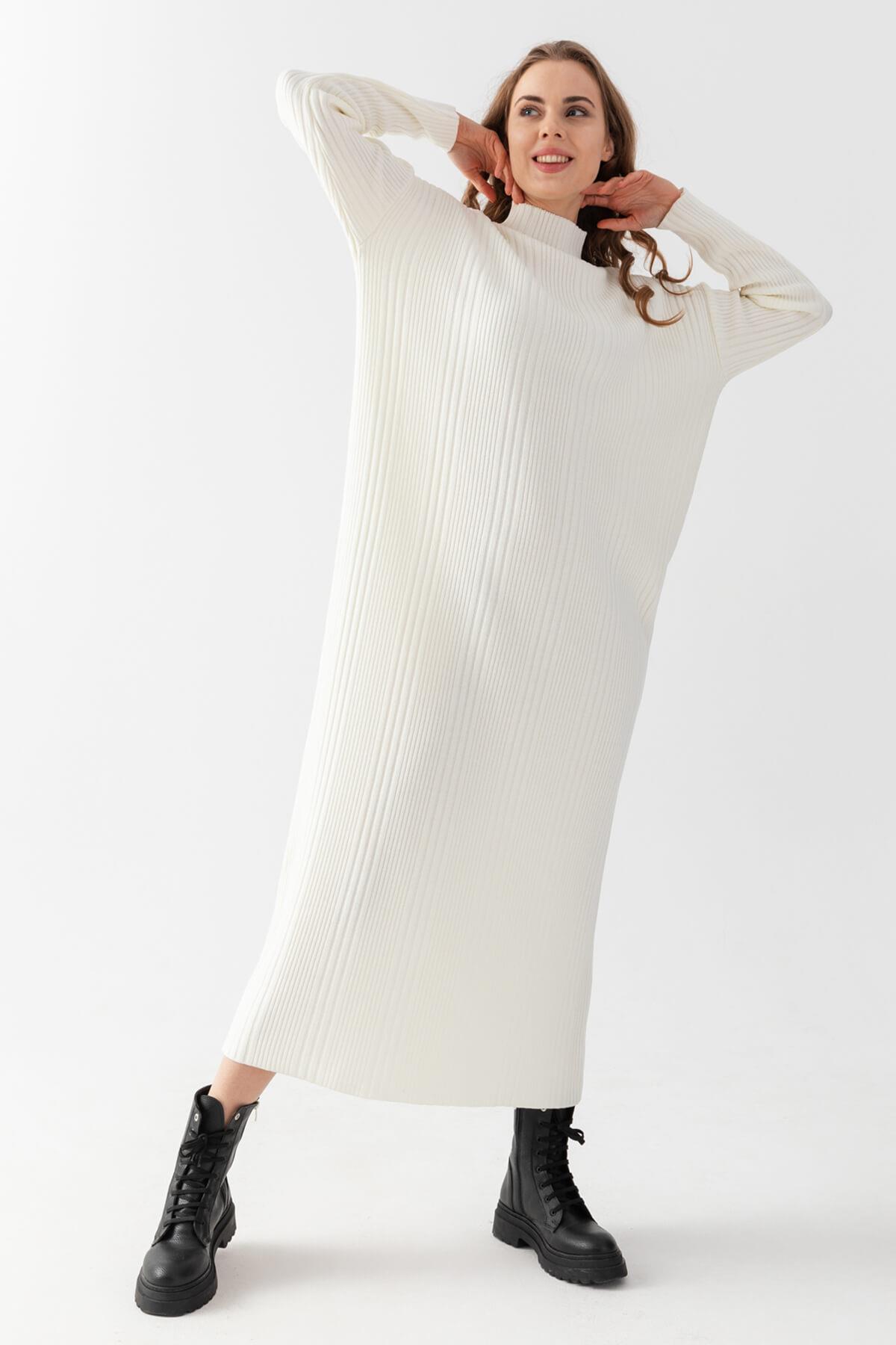 Irmak Kerekli Kadın Fitilli Oversize Elbise, Kadın Elbise,Triko Elbise, Oversize Elbise, Uzun Elbise, Ekru