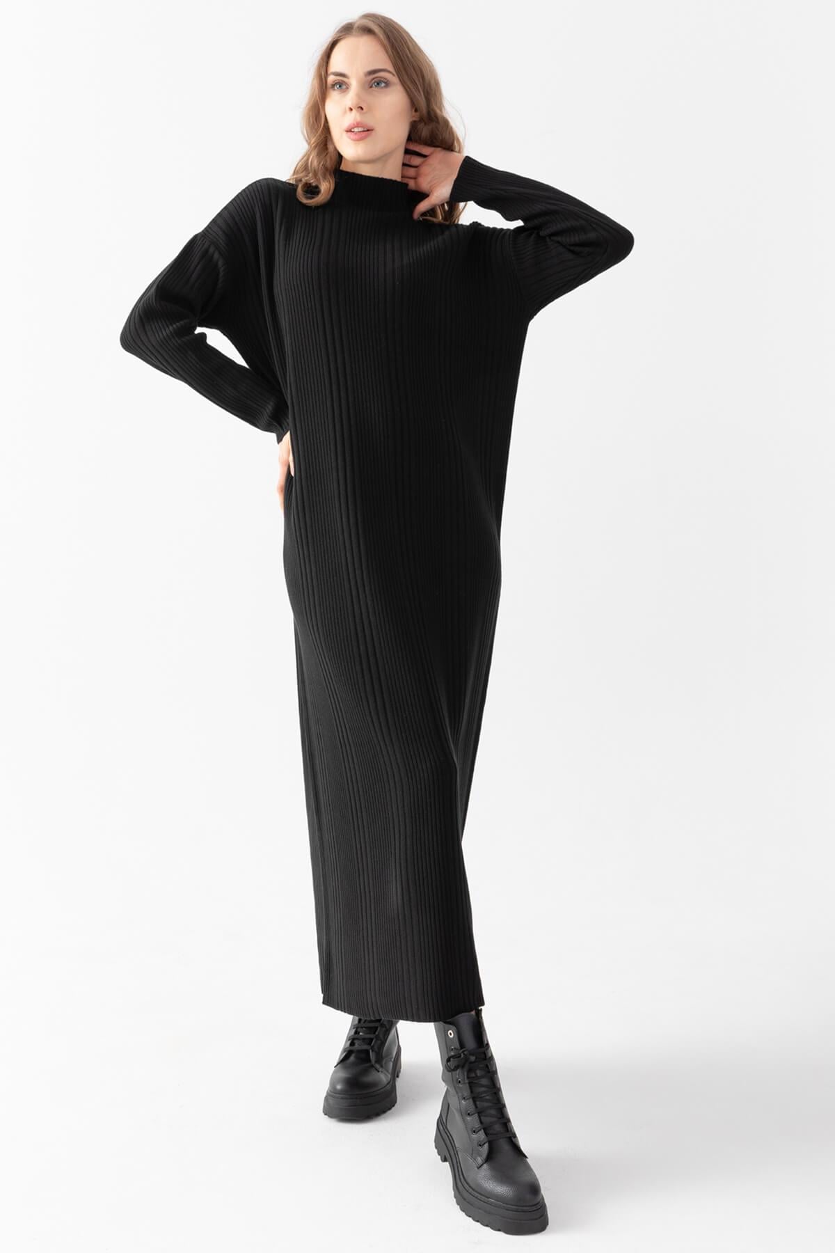 Irmak Kerekli Kadın Fitilli Oversize Elbise, Kadın Elbise,Triko Elbise, Oversize Triko Elbise, Uzun Elbise, Siyah