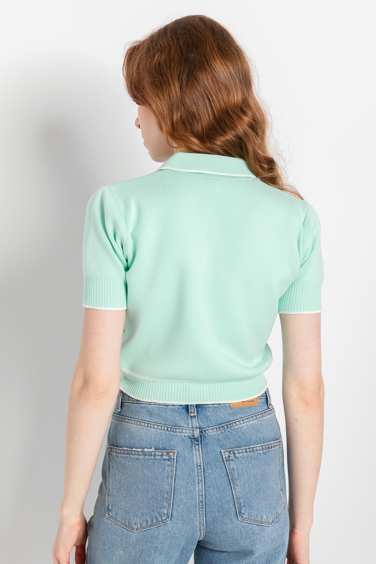 Irmak Kerekli Kadın Polo Yaka Triko Crop Hırka, Triko Hırka, Kadın Hırka, Polo Yaka Hırka, Crop Hırka, Mint Hırka