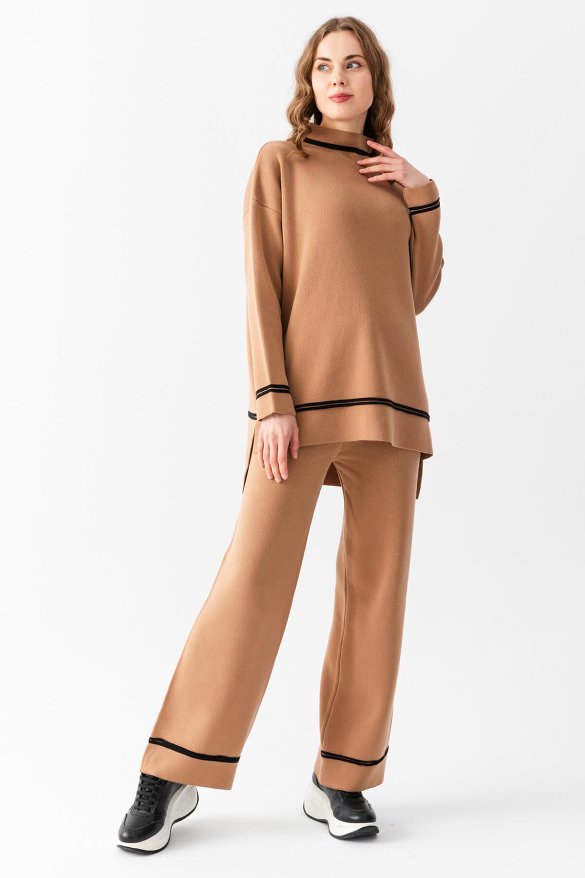 Irmak Kerekli Tunik Pantolon Alt Üst Triko Takım, Kadın Alt Üst Takım, Triko Alt Üst Takım, Camel