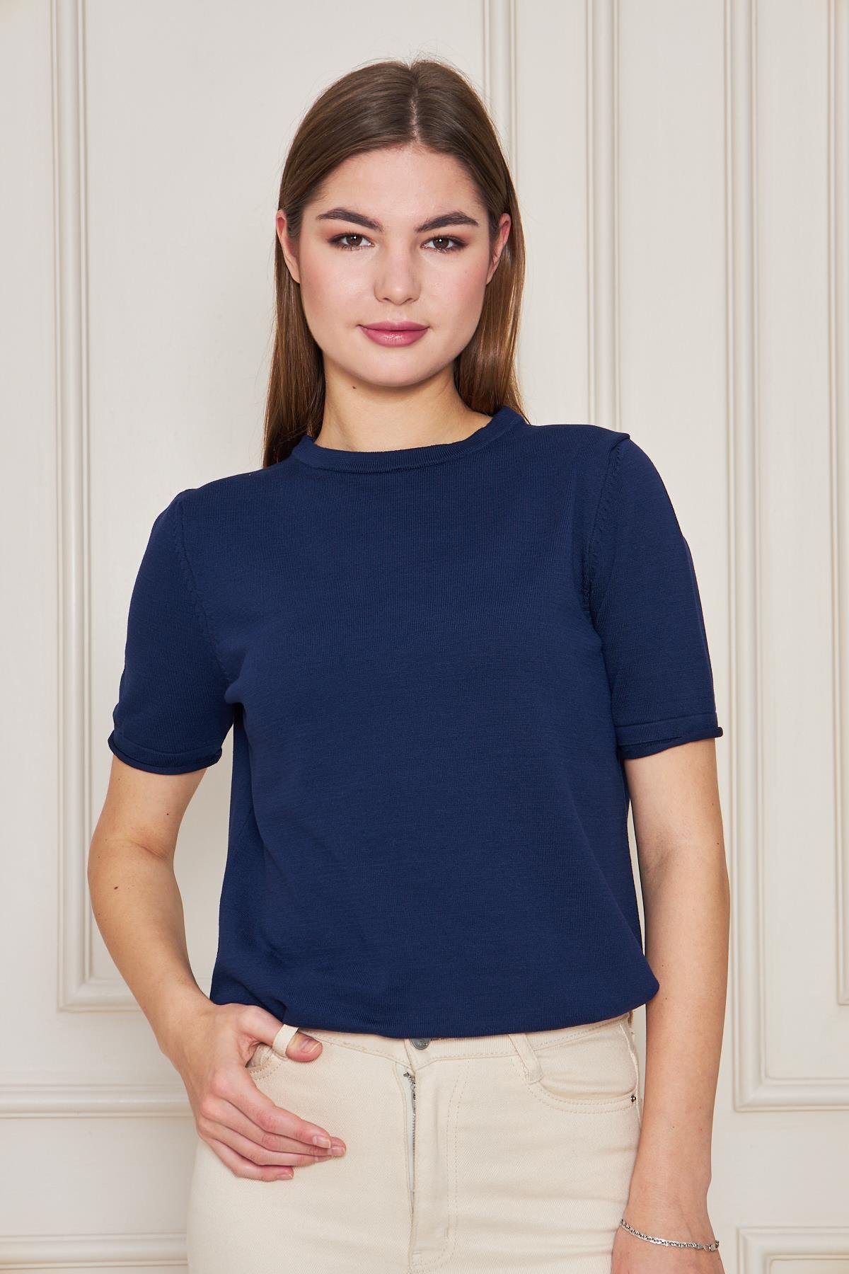 Kadın Bisiklet Yaka Kısa Kollu Triko Bluz Basic Bluz 25222