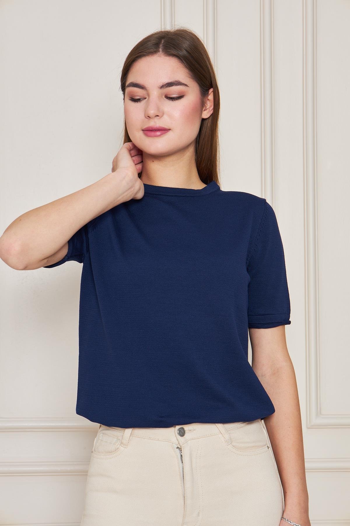 Kadın Bisiklet Yaka Kısa Kollu Triko Bluz Basic Bluz 25222