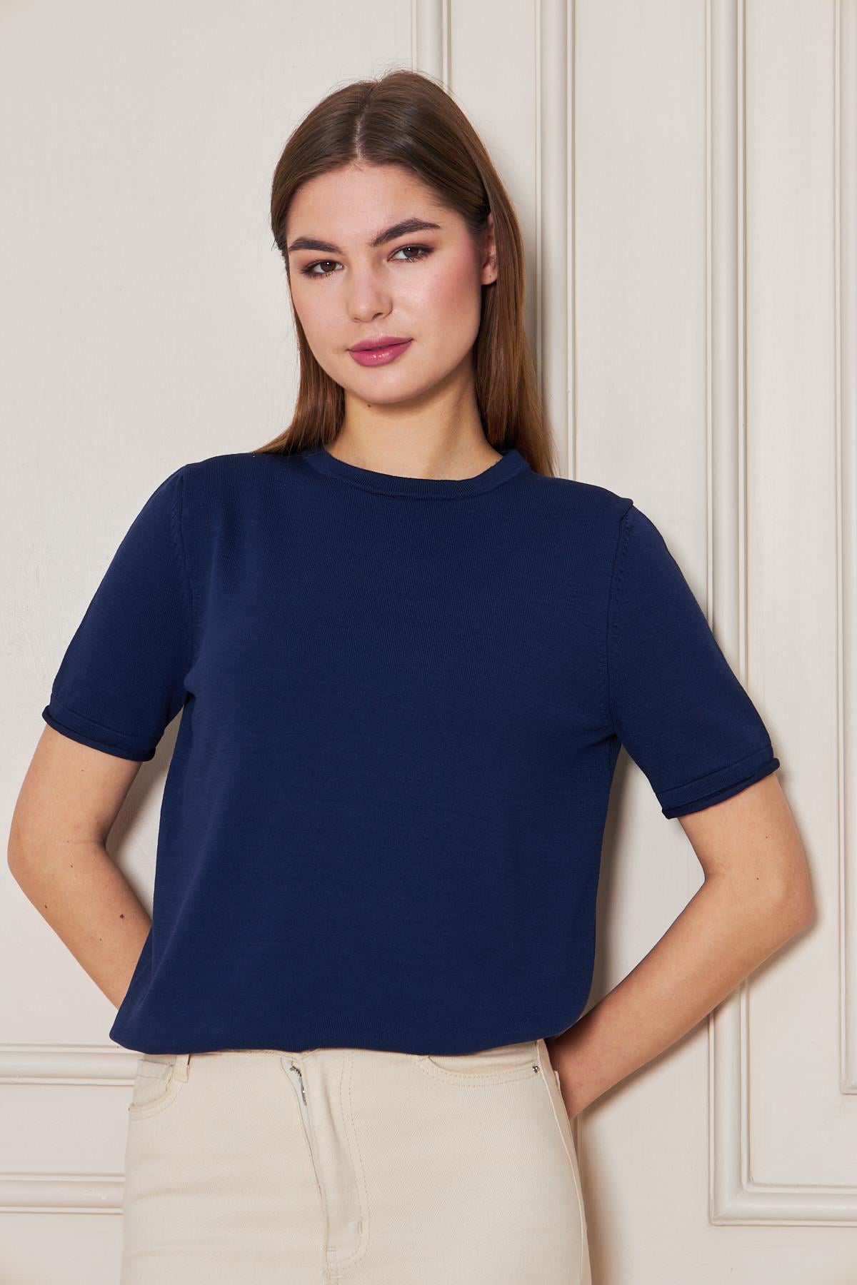 Kadın Bisiklet Yaka Kısa Kollu Triko Bluz Basic Bluz 25222