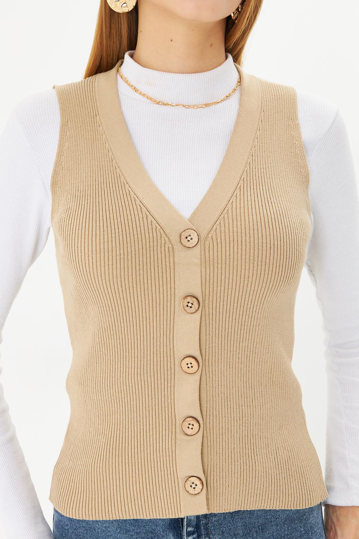Kadın Düğmeli Fitilli Triko Yelek Kadın Yelek Y241017