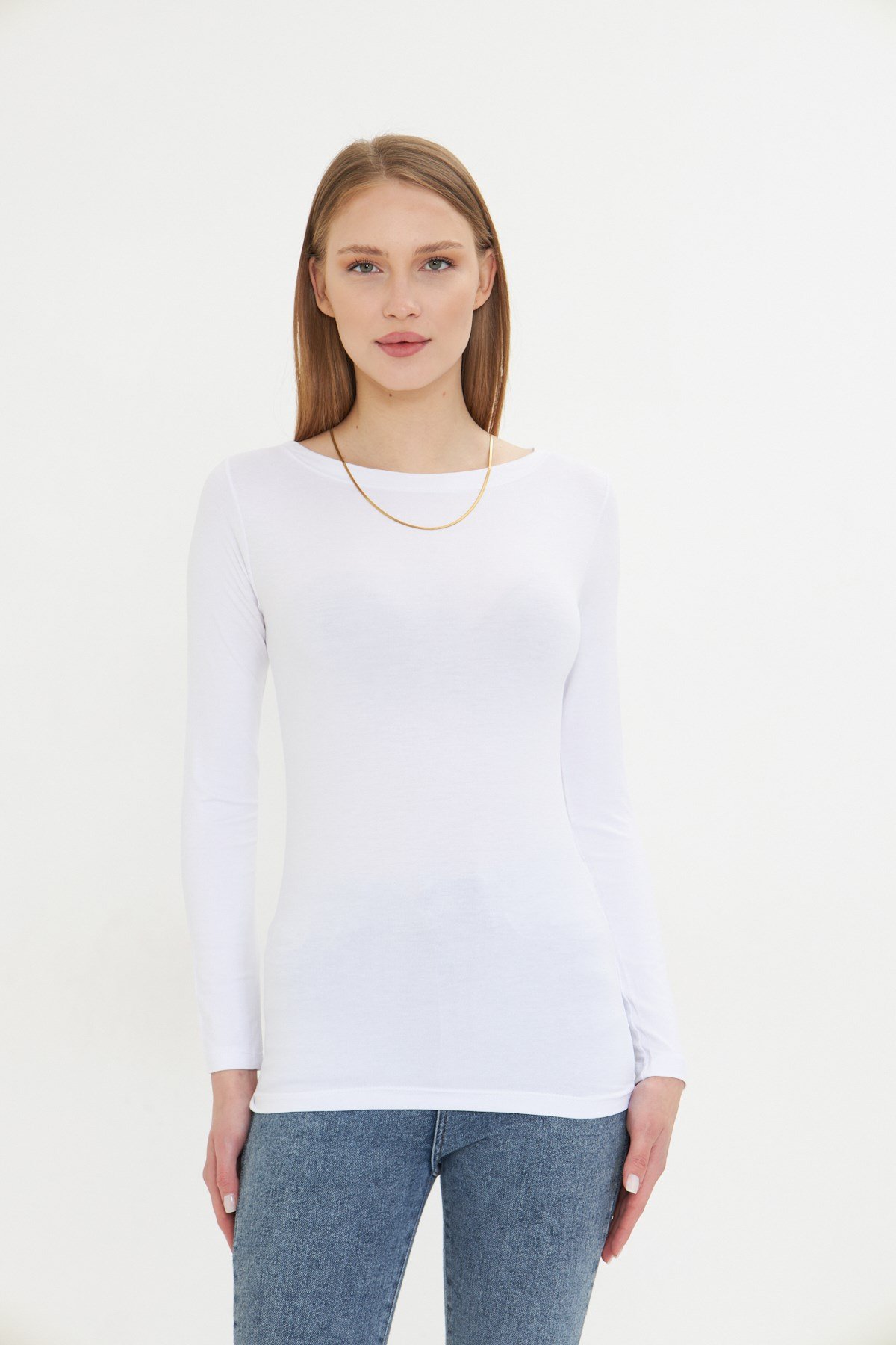 Kadın Kayık Yaka Basic Uzun Kollu Body Likralı Bluz  Viskon Body 160 Beyaz