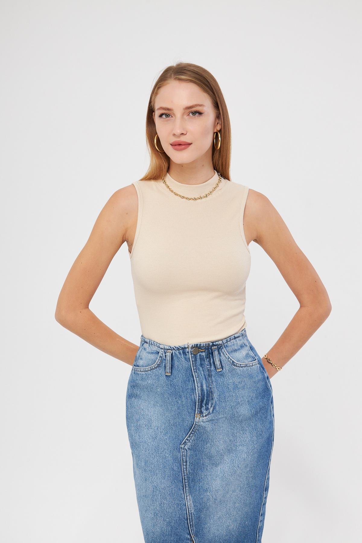 Kadın Sıfır Kol Fitilli Badi Coton Body 6027