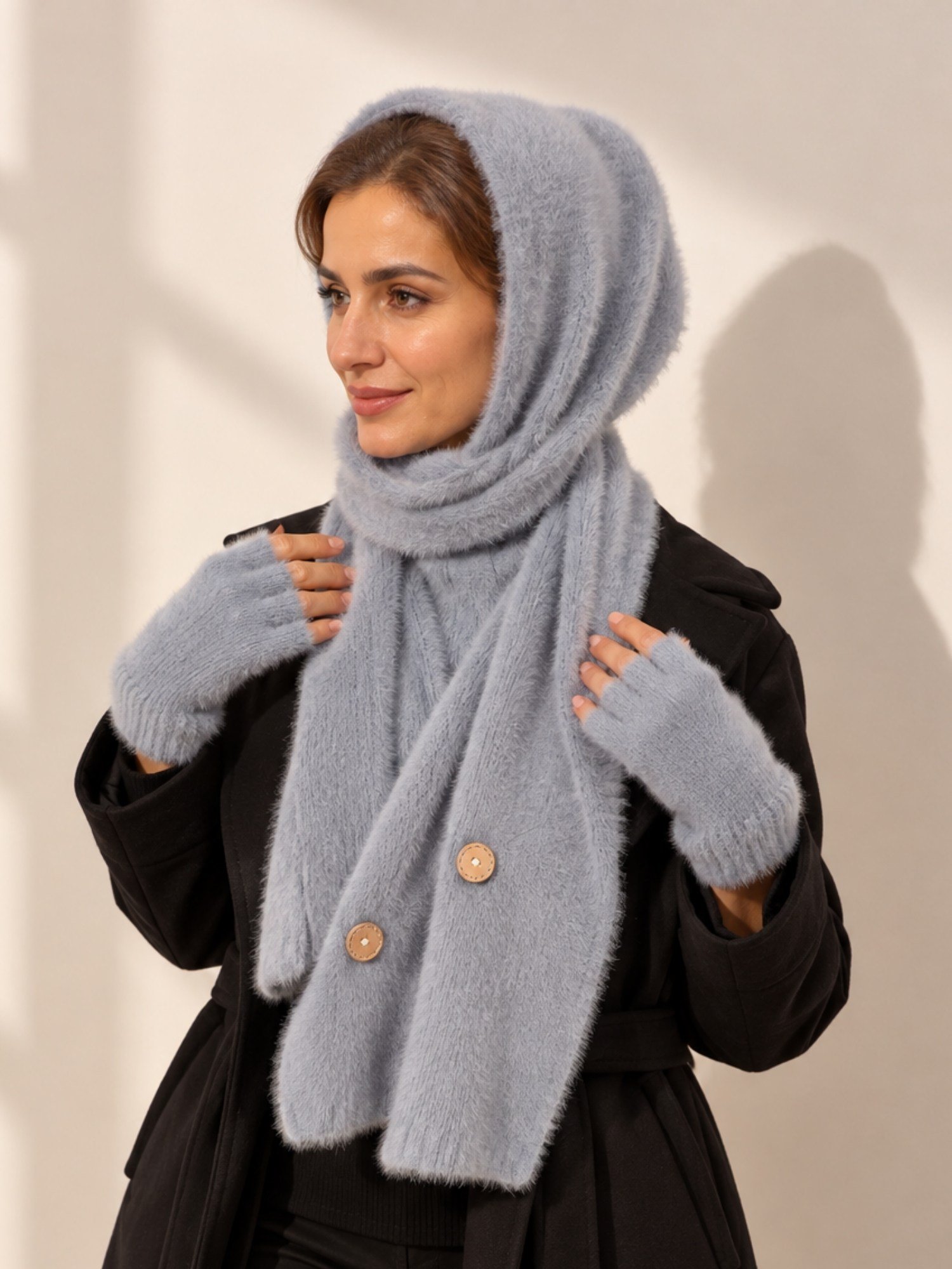 Kadın Yumoş Triko Atkı Parmaksız Eldiven Takımı Kışlık Set 71723 Buz Mavi