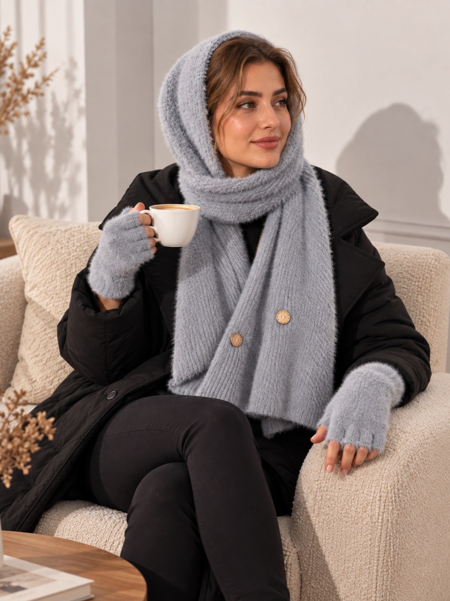 Kadın Yumoş Triko Atkı Parmaksız Eldiven Takımı Kışlık Set 71723 Buz Mavi