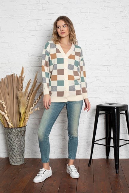 Kare Desenli Oversize Triko Hırka 1905 Krem