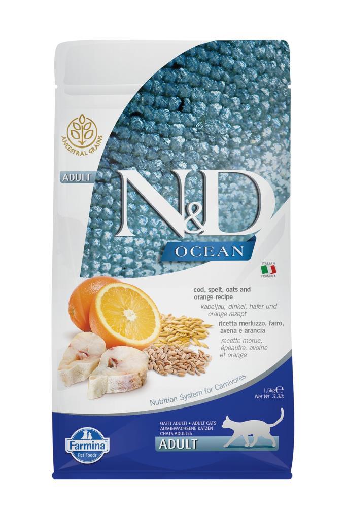 ND N&D Ocean Morina Balıklı ve Portakallı Az Tahıllı Yetişkin Kedi Maması 1,5 Kg