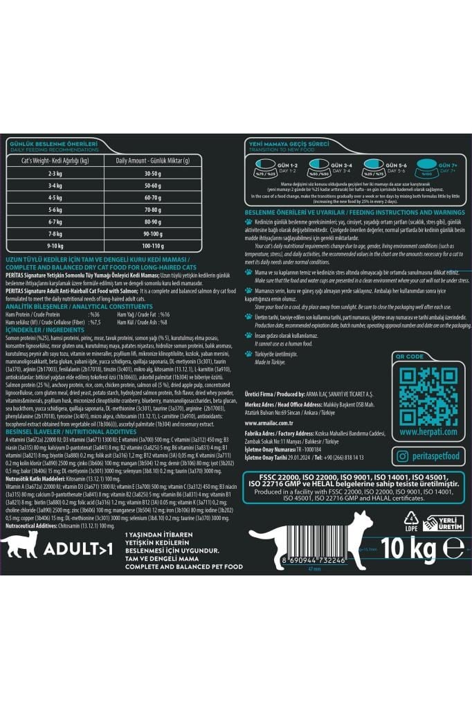 PERİTAS PERİTAS Signature Somonlu Yetişkin Kedi-Tüy Yum. Önl. 10 kg