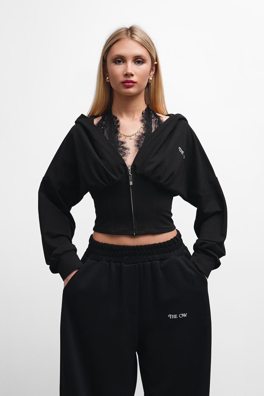 THEOW Dantel Detaylı Oversize Siyah Hırka