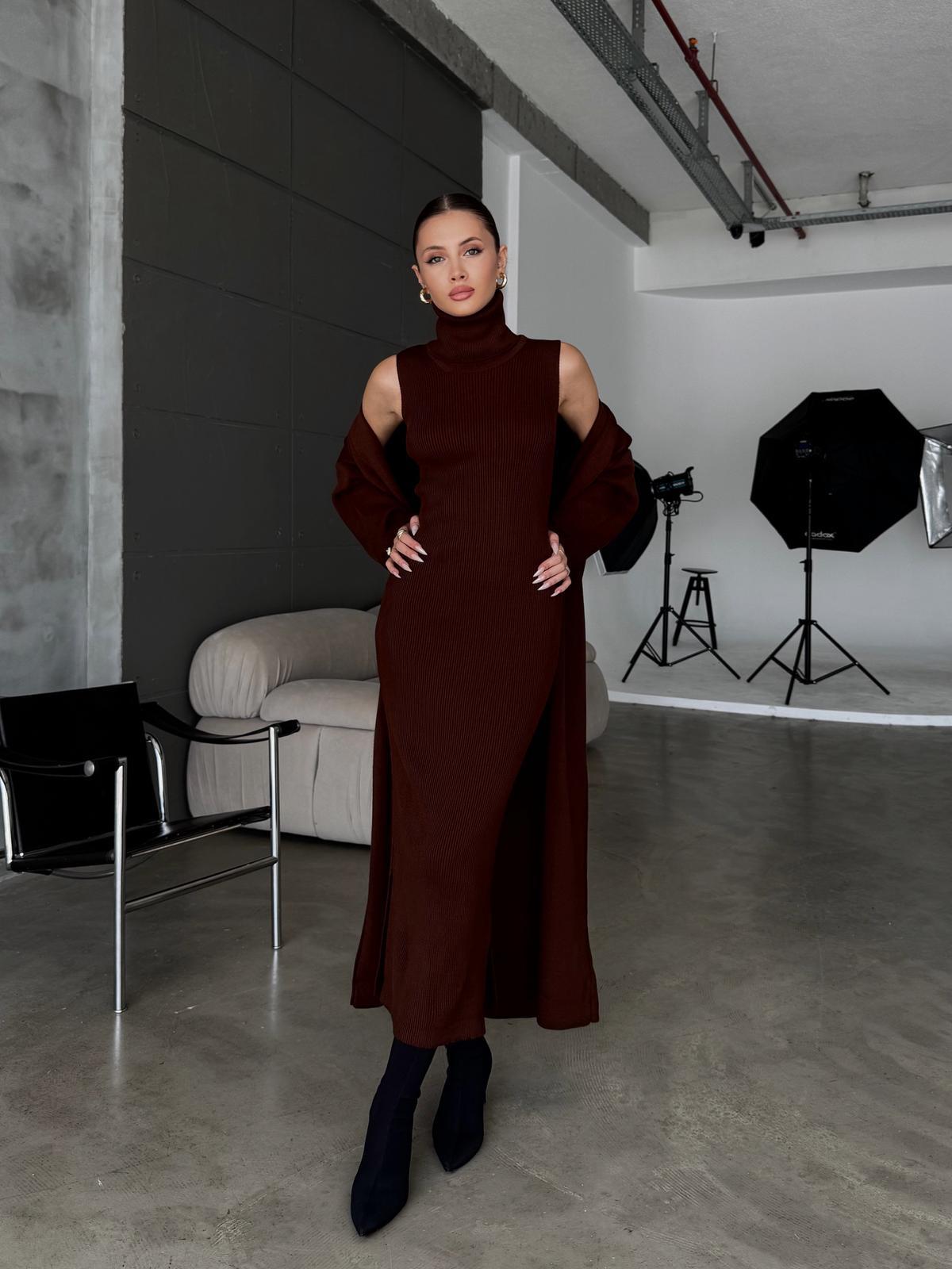 Blush Kahve Elbise Triko Hırka Takım