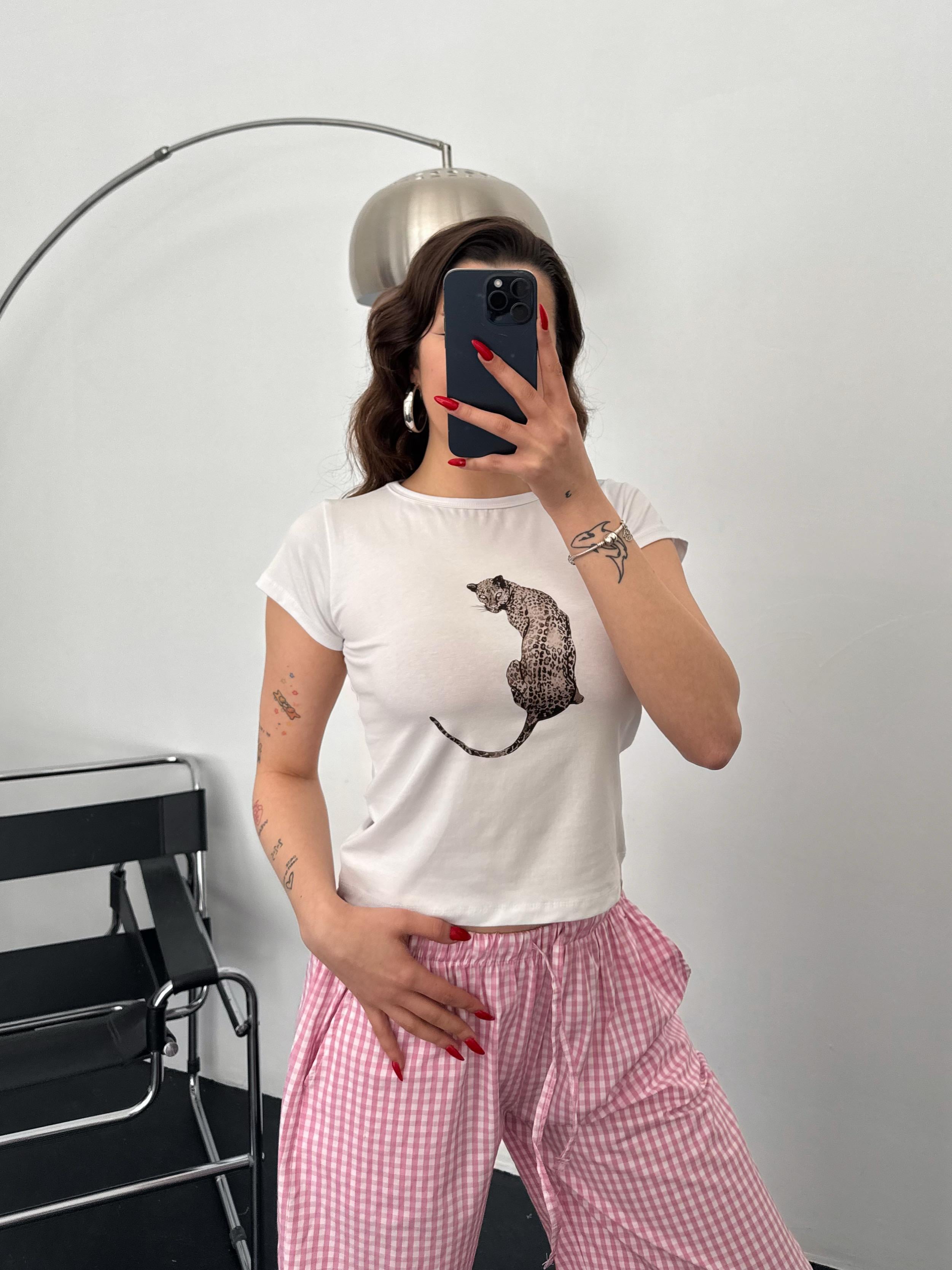 Built Jaguar Baskılı Basic Beyaz Crop Tişört