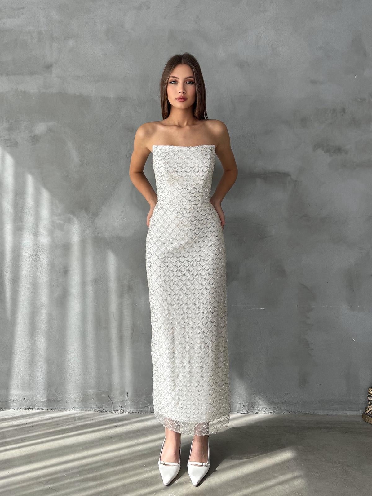 Cariyn Straplez Taş Detay Beyaz  Abiye 