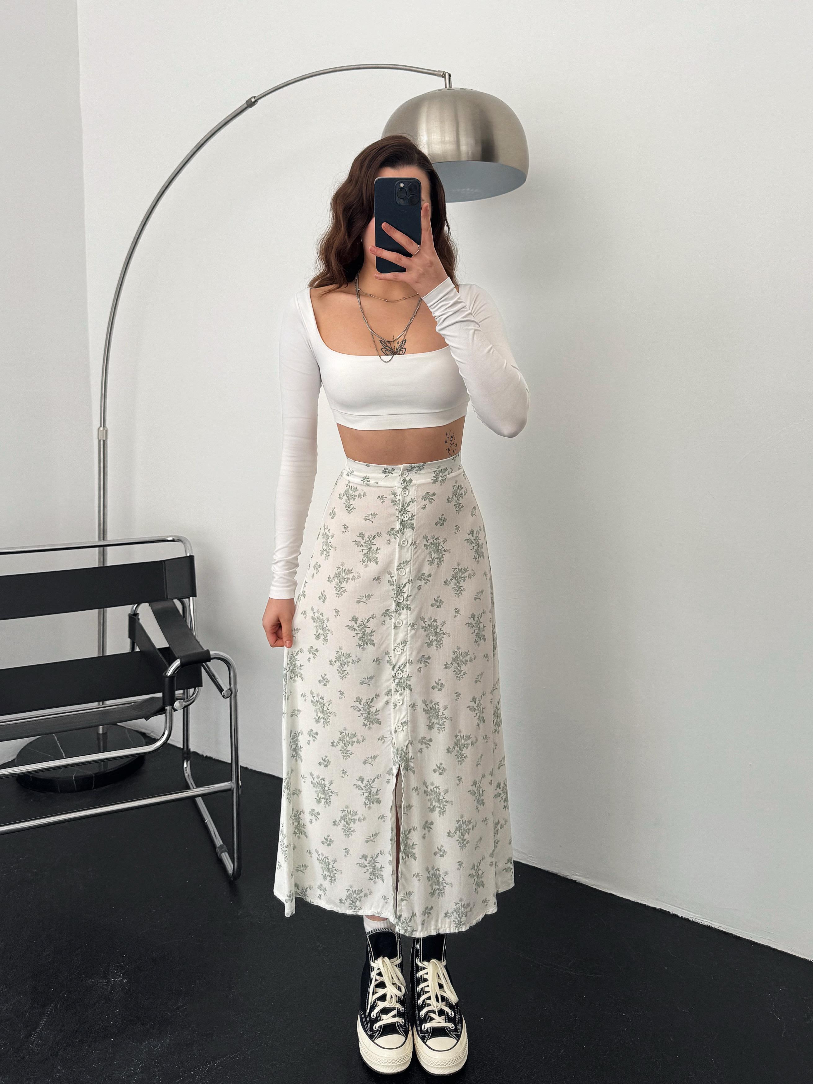 Clinton Düğme Detay Çiçek Desenli Ekru-Yeşil Etek