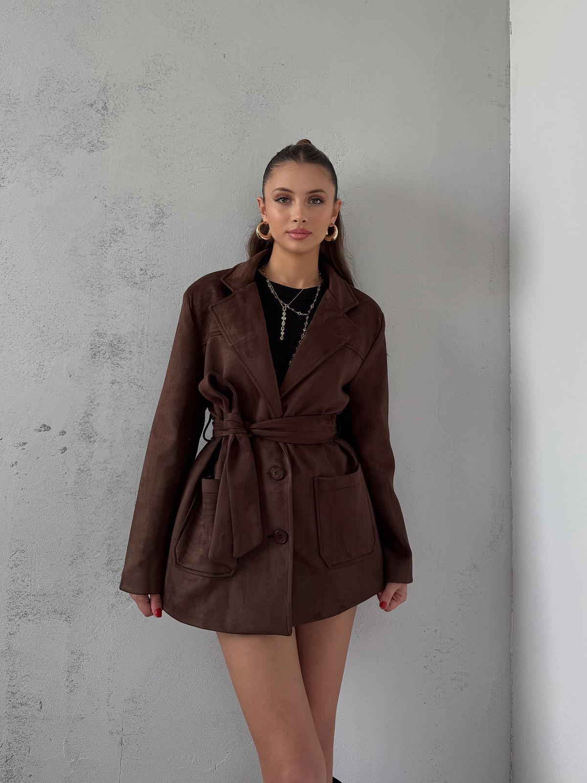 Coren Bağlama Detay Kahve Süet Ceket