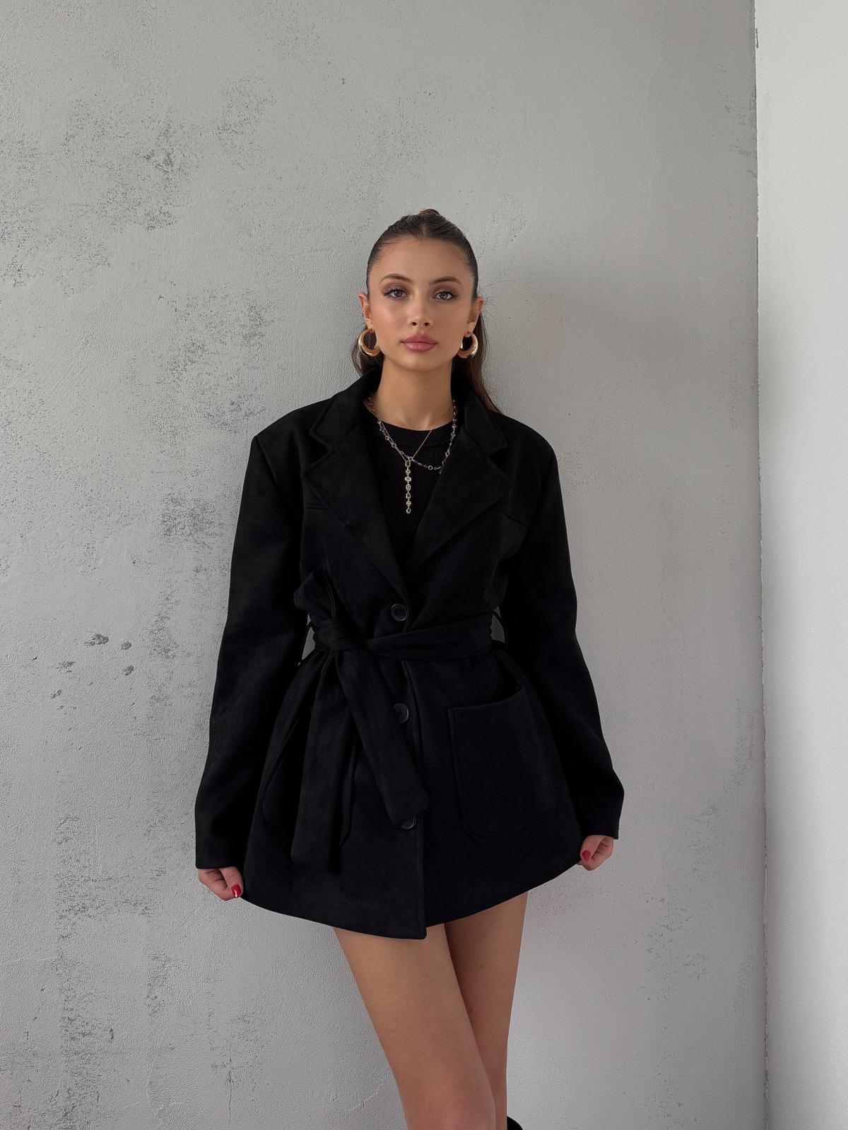 Coren Bağlama Detay Siyah Süet Ceket