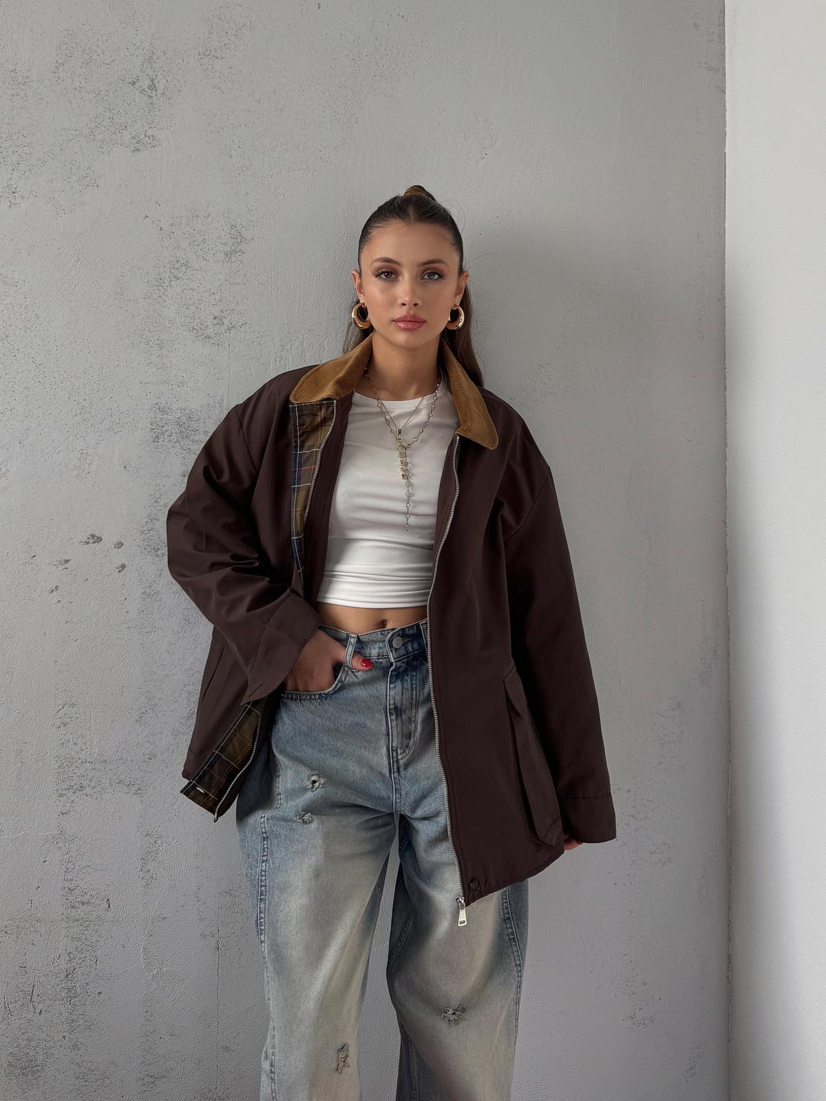 Elvar Yakası Kadife Detay Ekose Astarlı Acı Kahve Ceket