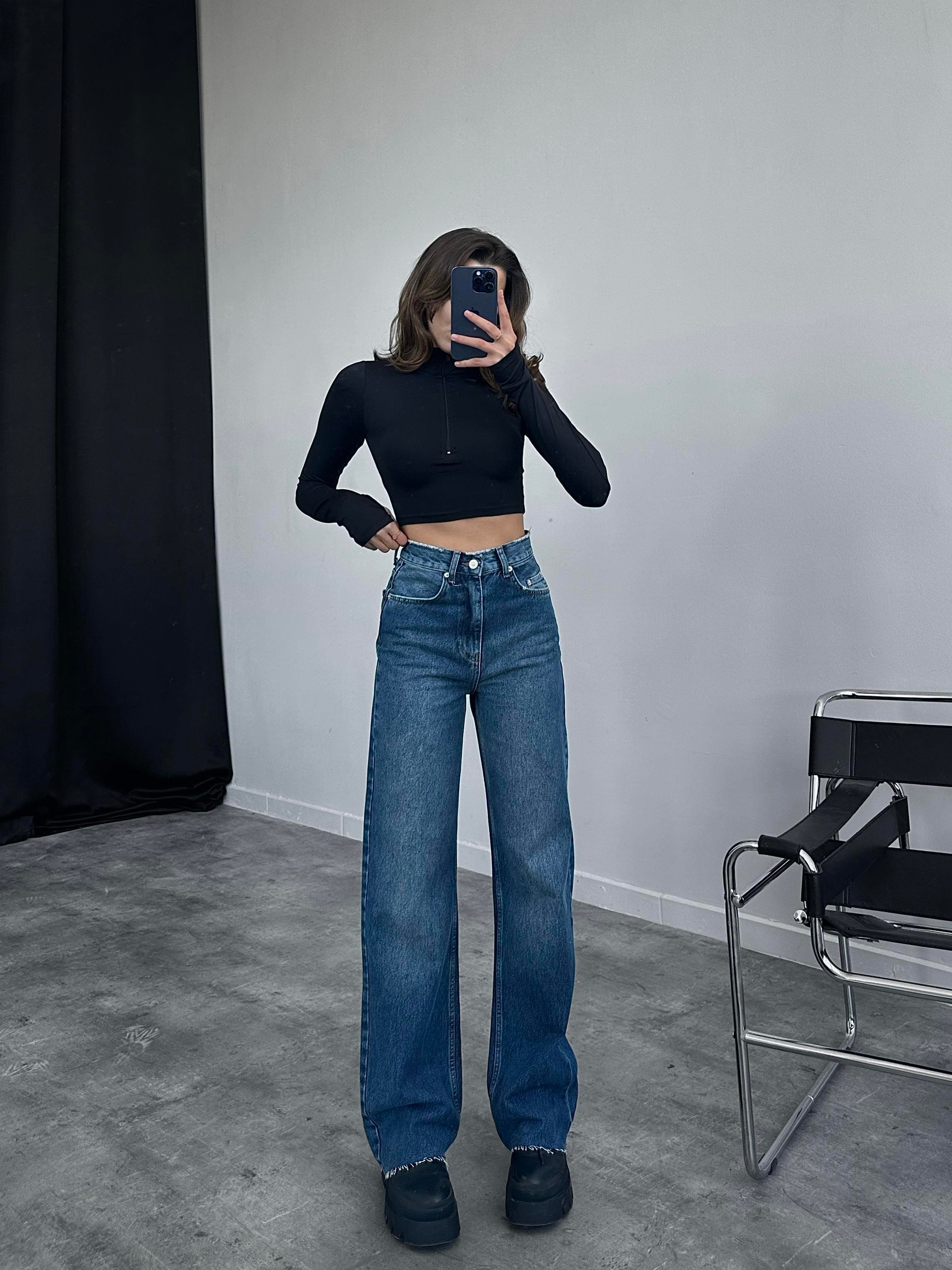 Flâner Ultra Yüksek Bel Koyu Mavi Yıkamalı Wide Leg Jean