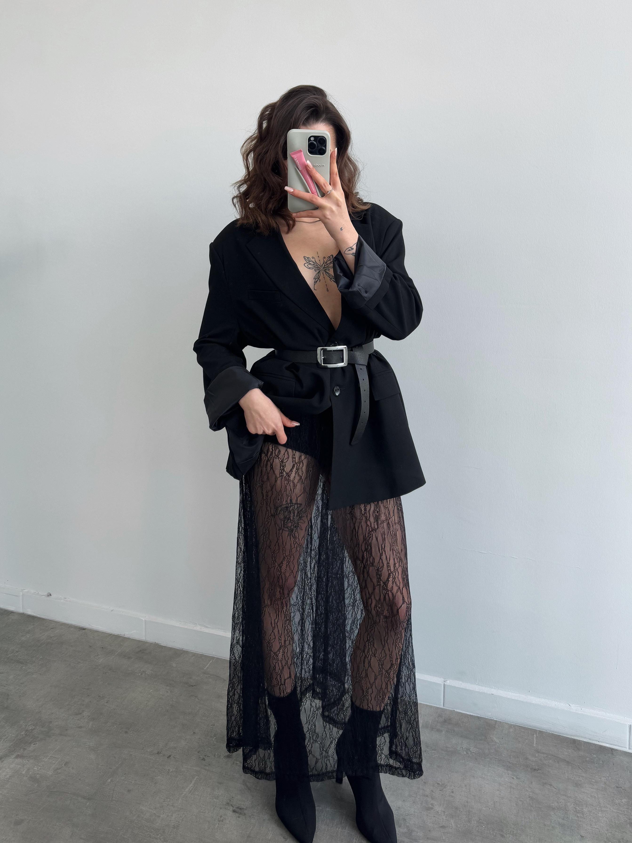 Gail Siyah Dantel Uzun Tül Etek