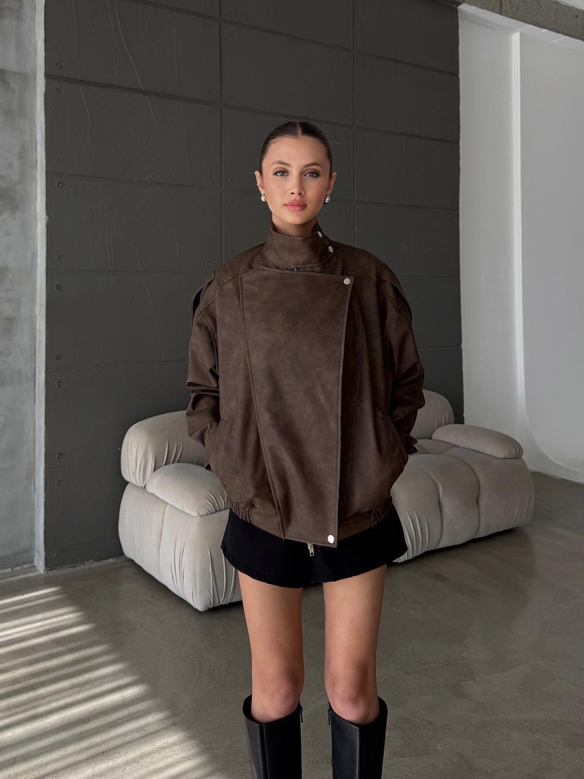 Hexor Beli Lastik Detay Oversize Nubuk Kahve Deri Ceket