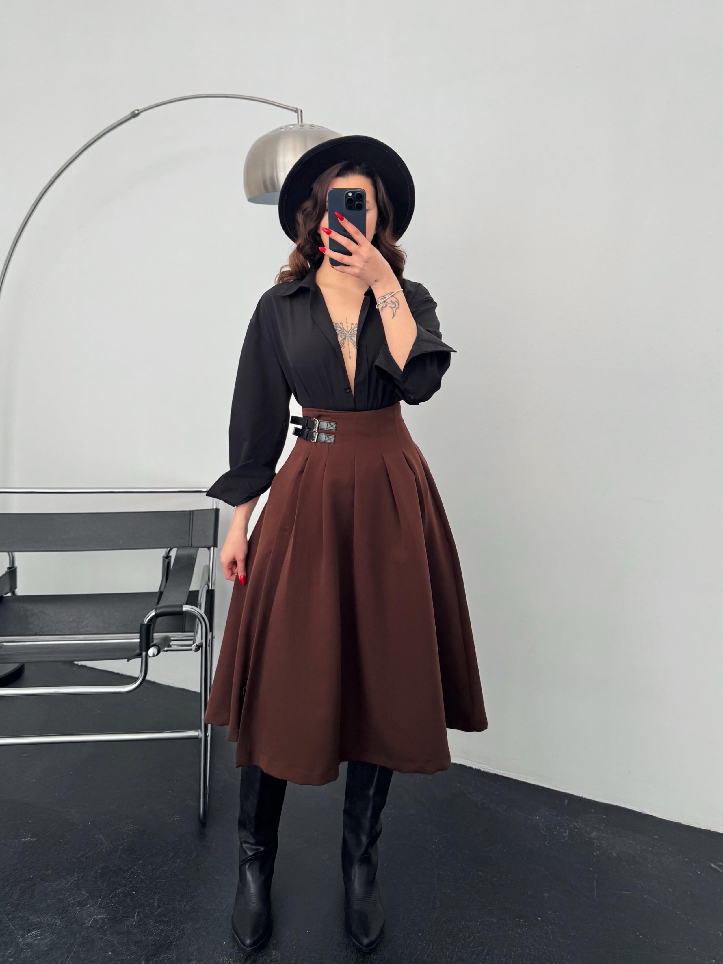 Jaka Kahve Yırtmaçlı Kemer Detay Midi Etek