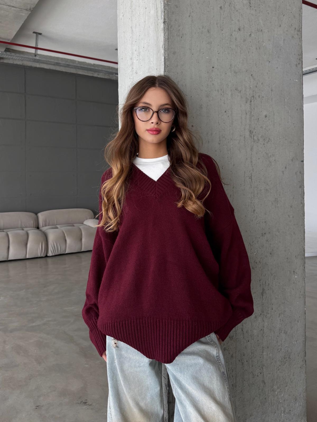 Kovia V Yaka Oversize Bordo Triko Kazak