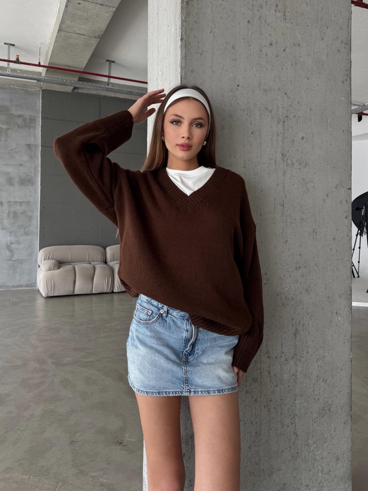 Kovia V Yaka Oversize Kahve Triko Kazak