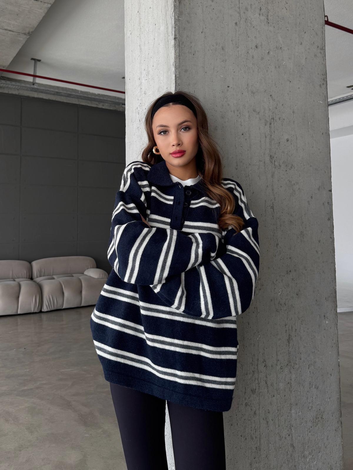 Lazora Lacivert Polo Yaka Çizgili Triko Kazak
