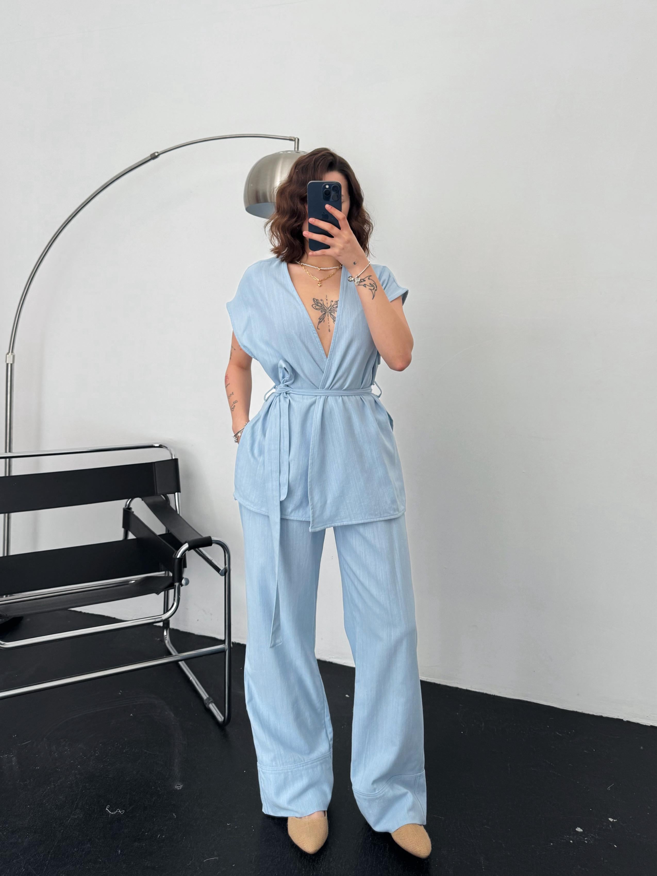 Luke Bağlama Detay Keten Yelekli Bebe Mavi Takım